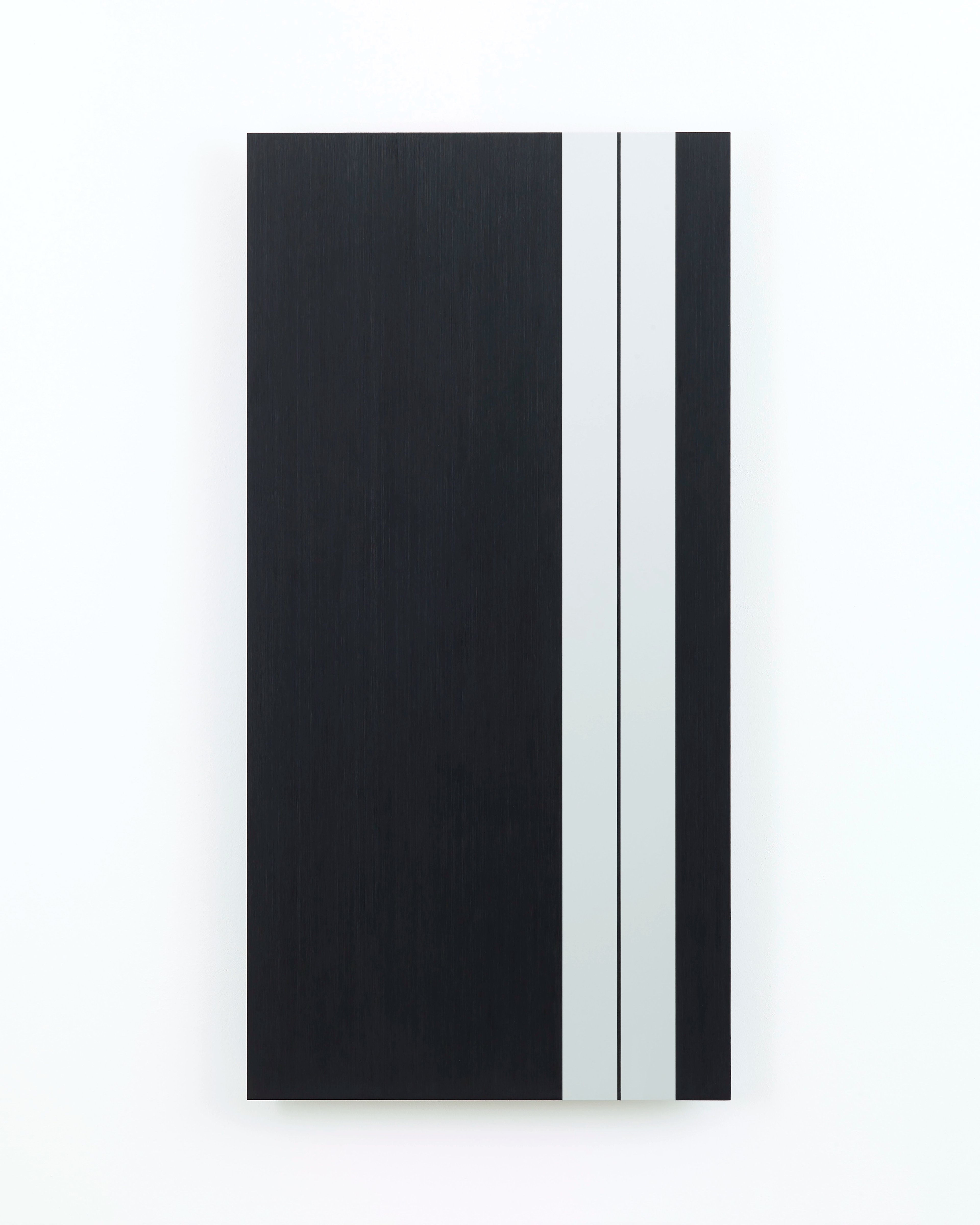 Black and grey vertical rectangular composition with two dark panels separated by a thin grey line and narrow black stripe on anodised aluminium.