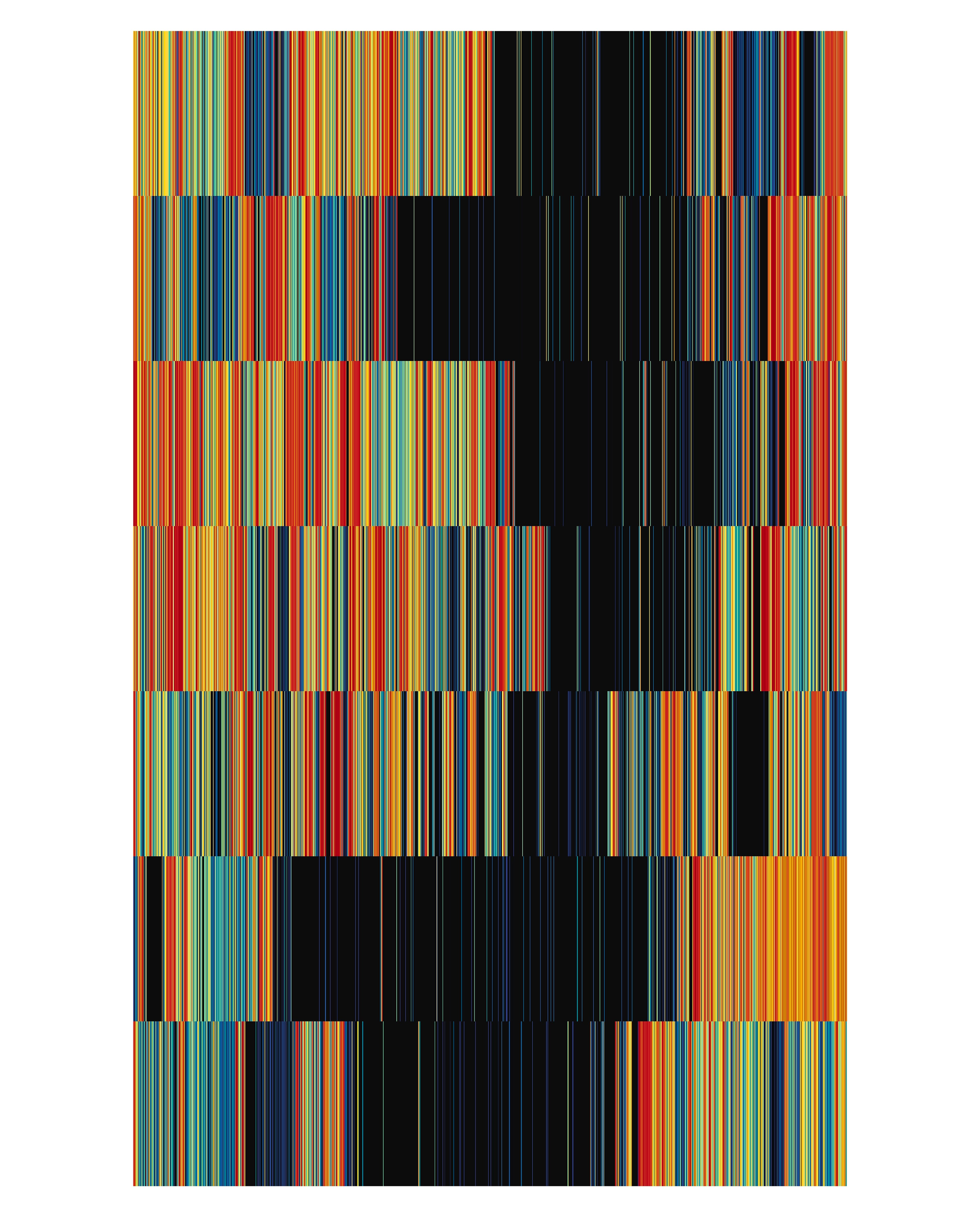 Vertical striped abstract composition with stacked rectangular bands of thin, densely packed lines in yellow, green, blue, red, orange, and black, creating a…
