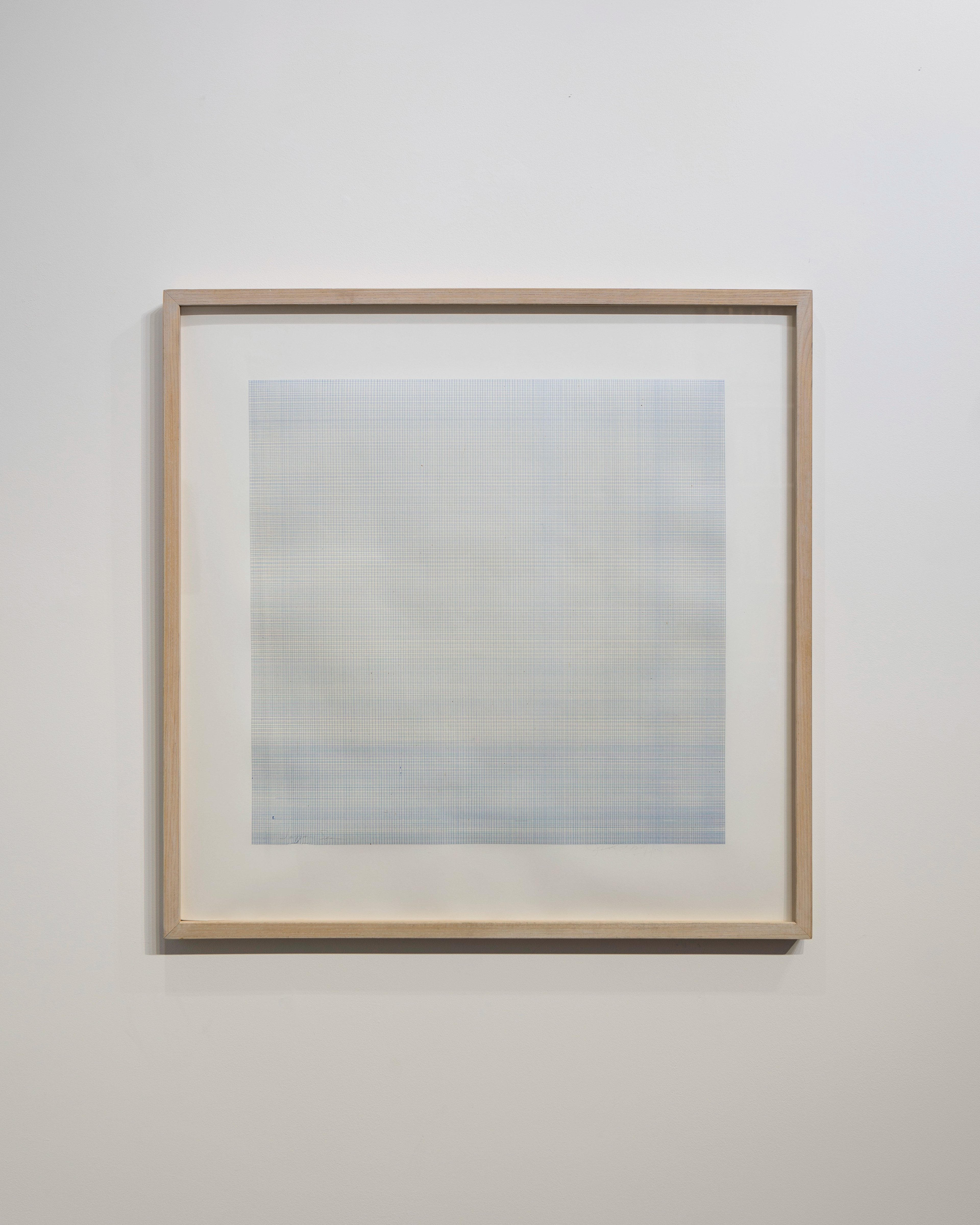 Framed ink drawing on Japanese gampi paper mounted on rag, depicting a pale blue-grey seascape with subtle horizontal striations suggesting water and sky, in…