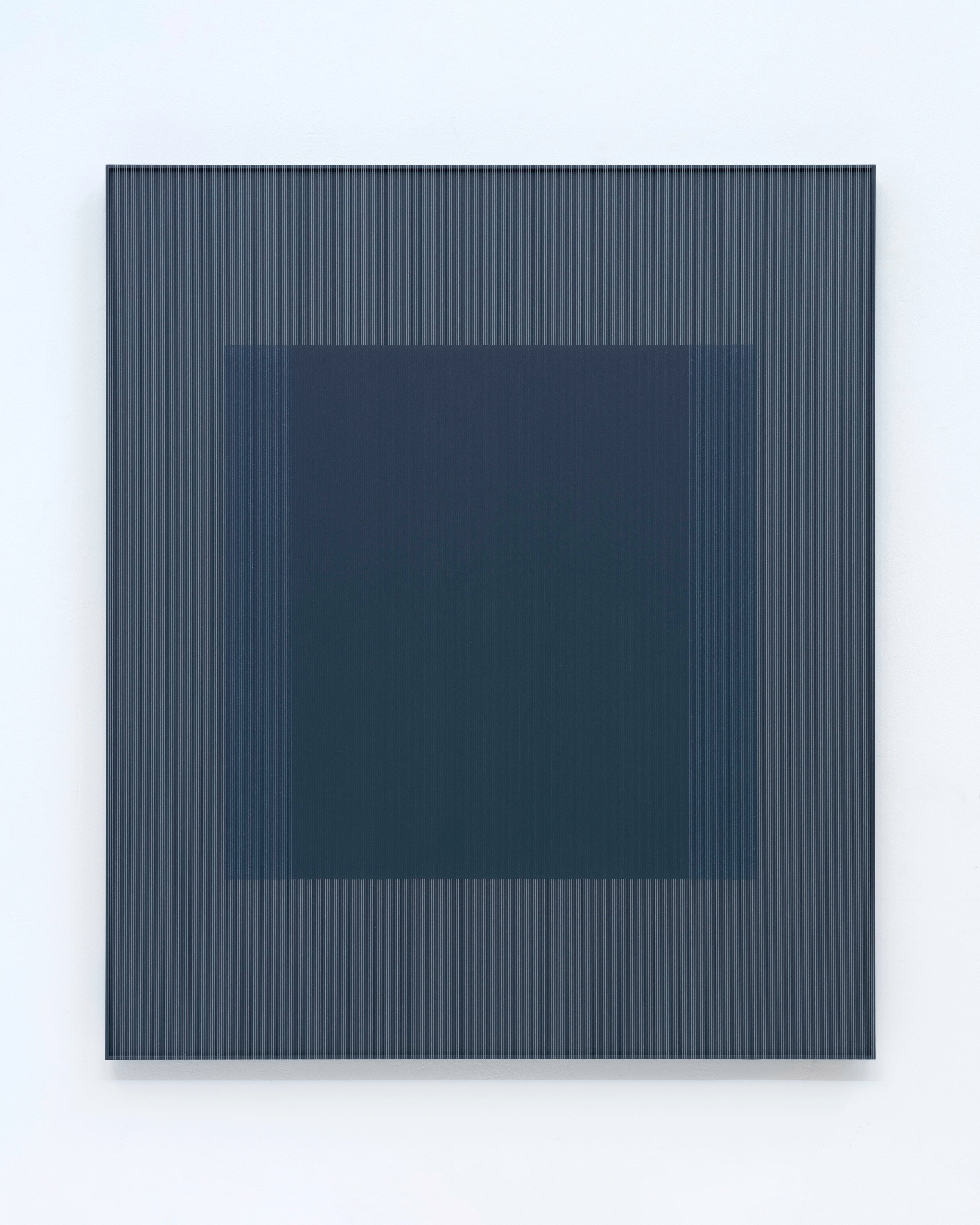 Layered square composition in deep blue-grey tones: finely threaded texture on outer panel surrounding a darker central rectangle with subtle tonal gradation…