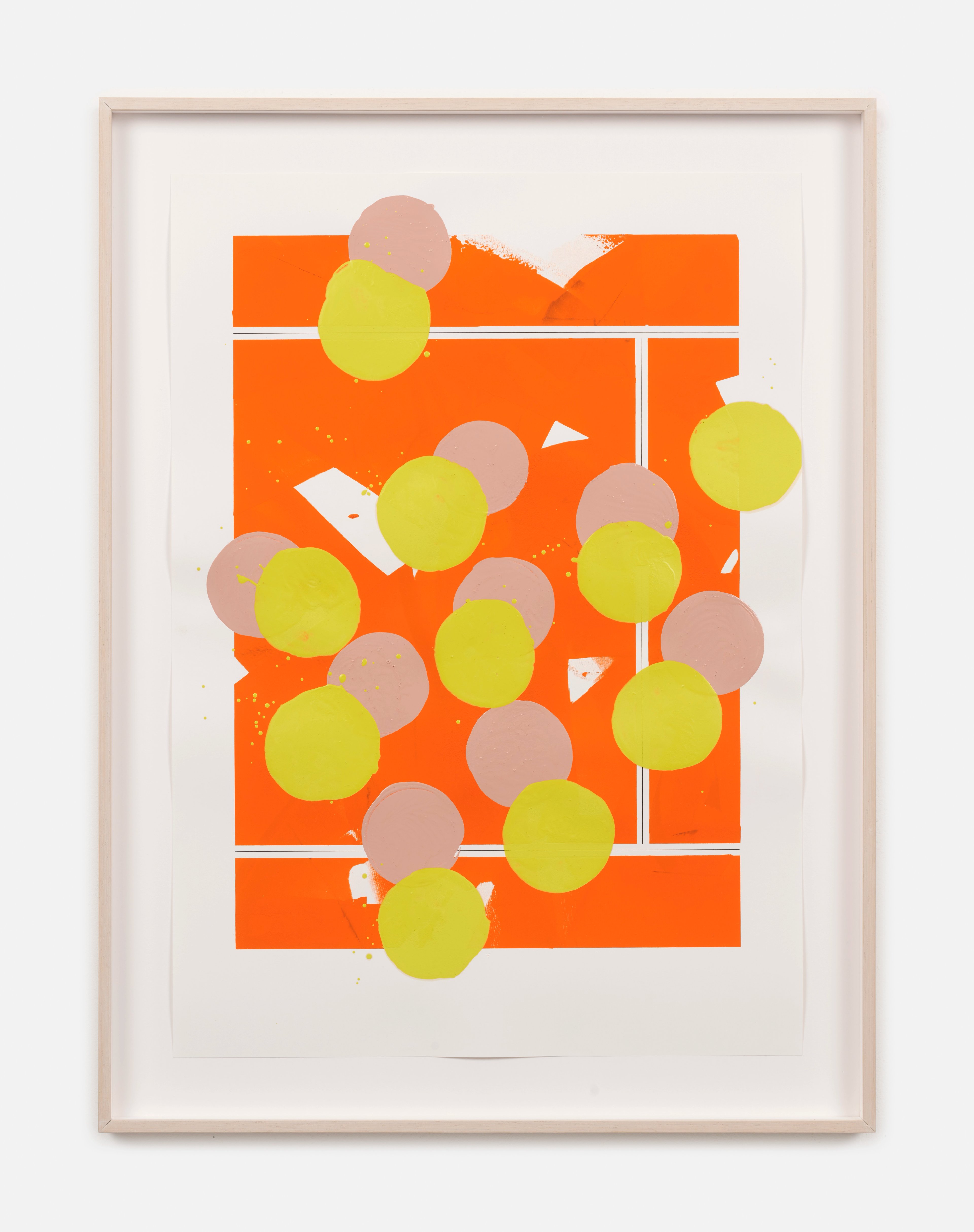 Bright orange rectangular form with horizontal white stripes overlaid with lime-yellow and dusty-rose circles, framed in light wood.