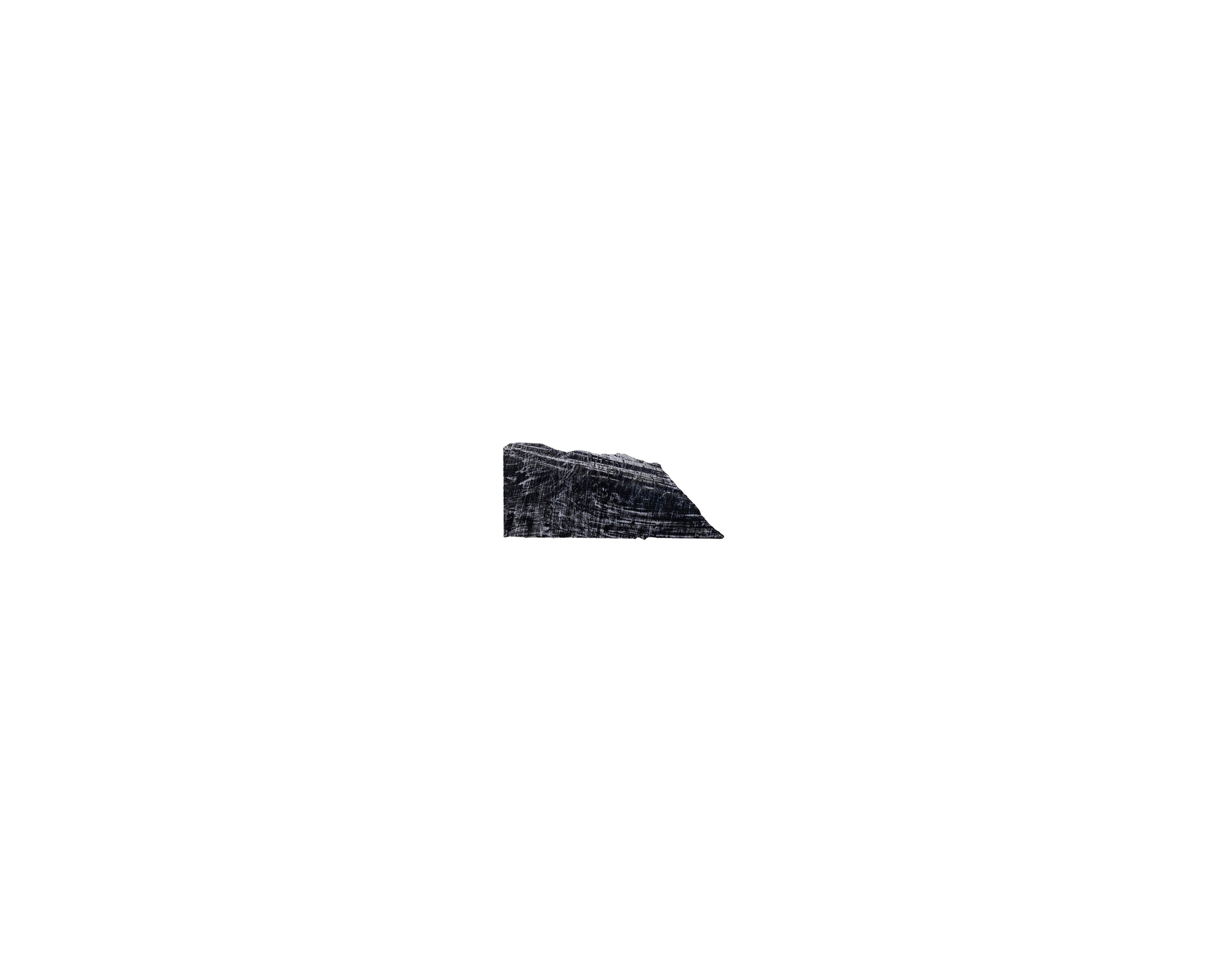 Dark textured trapezoid form rendered in watercolour with crosshatched surface detail against white paper