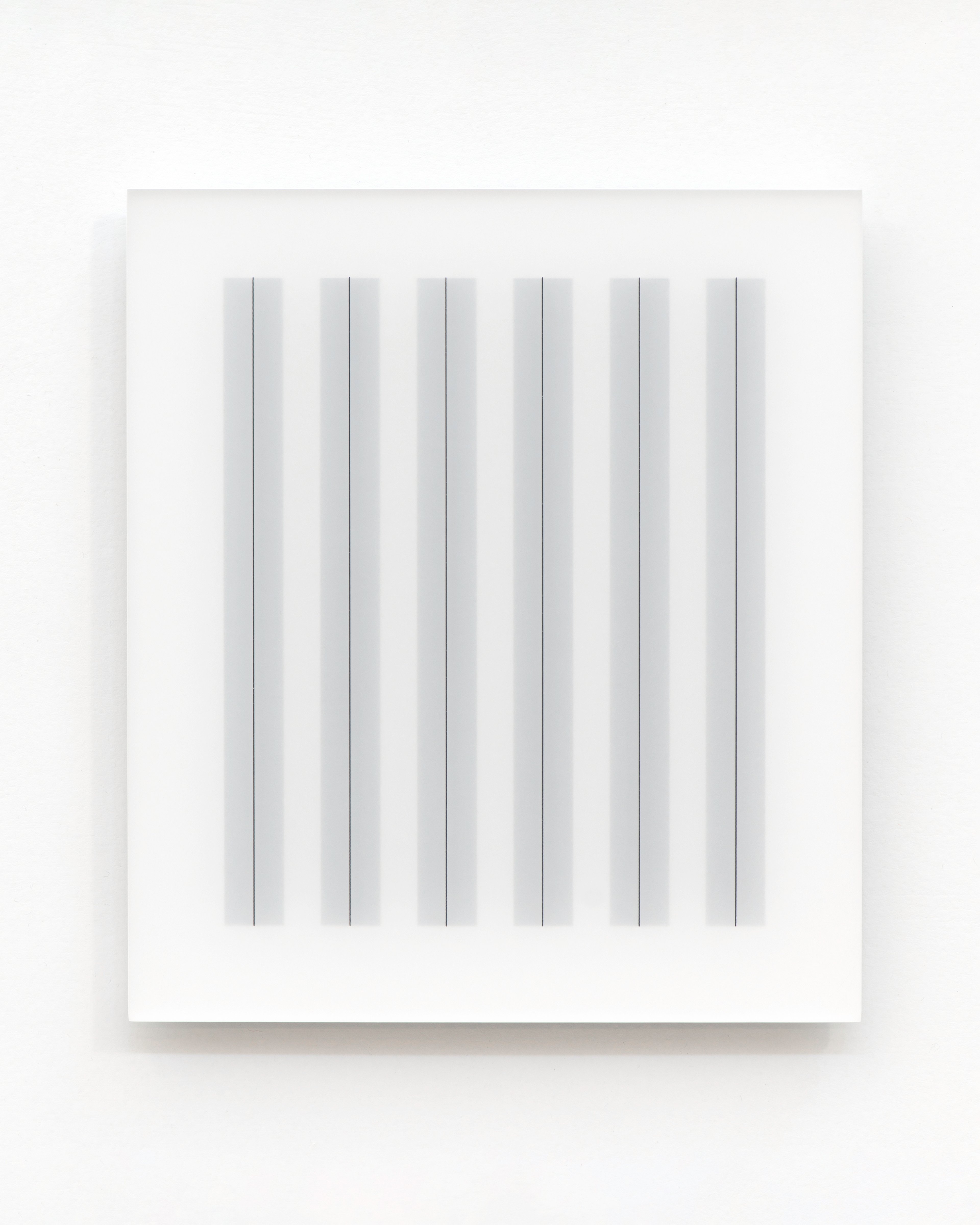 Six vertical grey lines evenly spaced on white acrylic panel, minimalist geometric composition in soft monochromatic palette