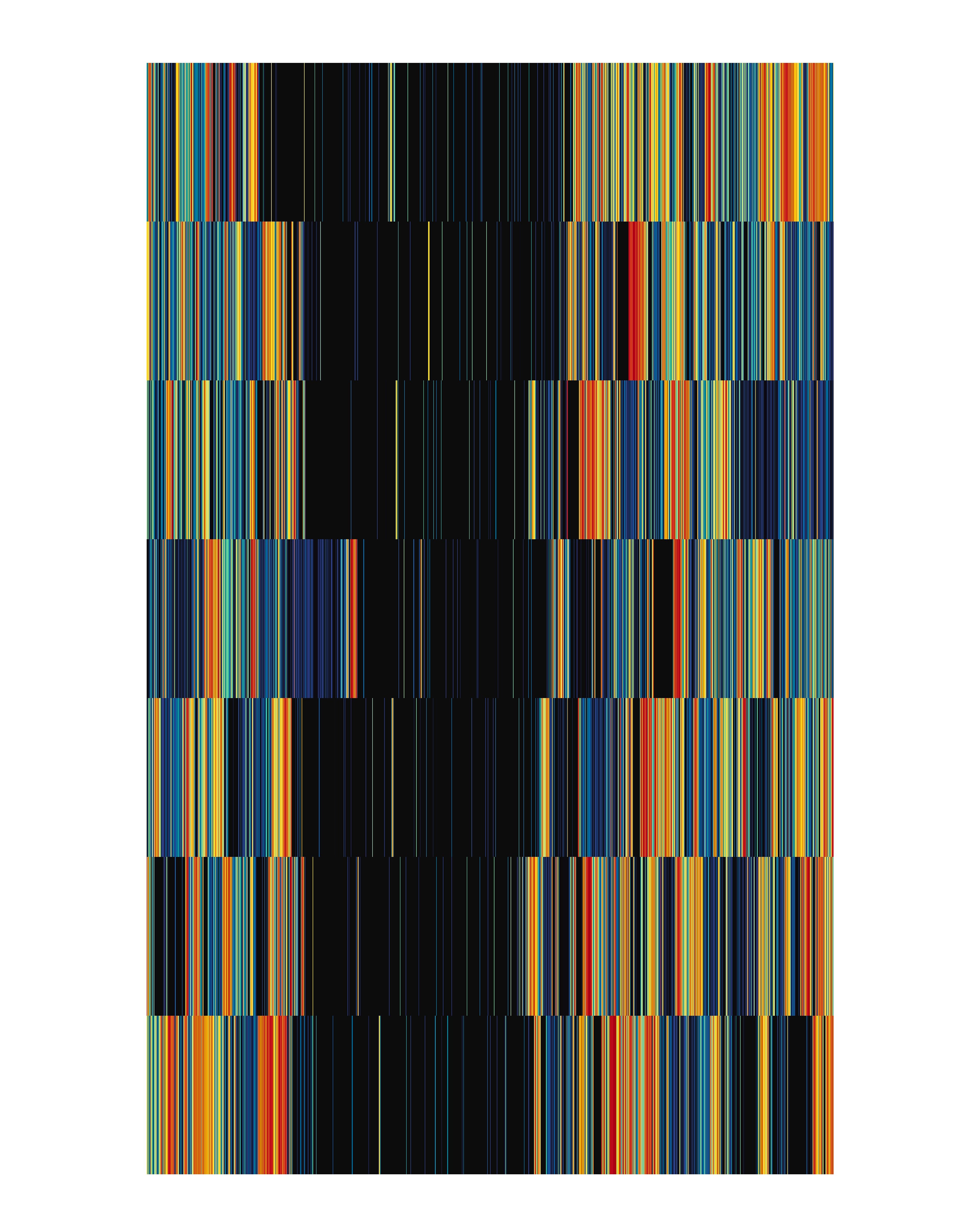 Vertical color-striped abstract composition with narrow parallel lines in blue, yellow, orange, and black arranged in horizontal bands of varying widths acro…
