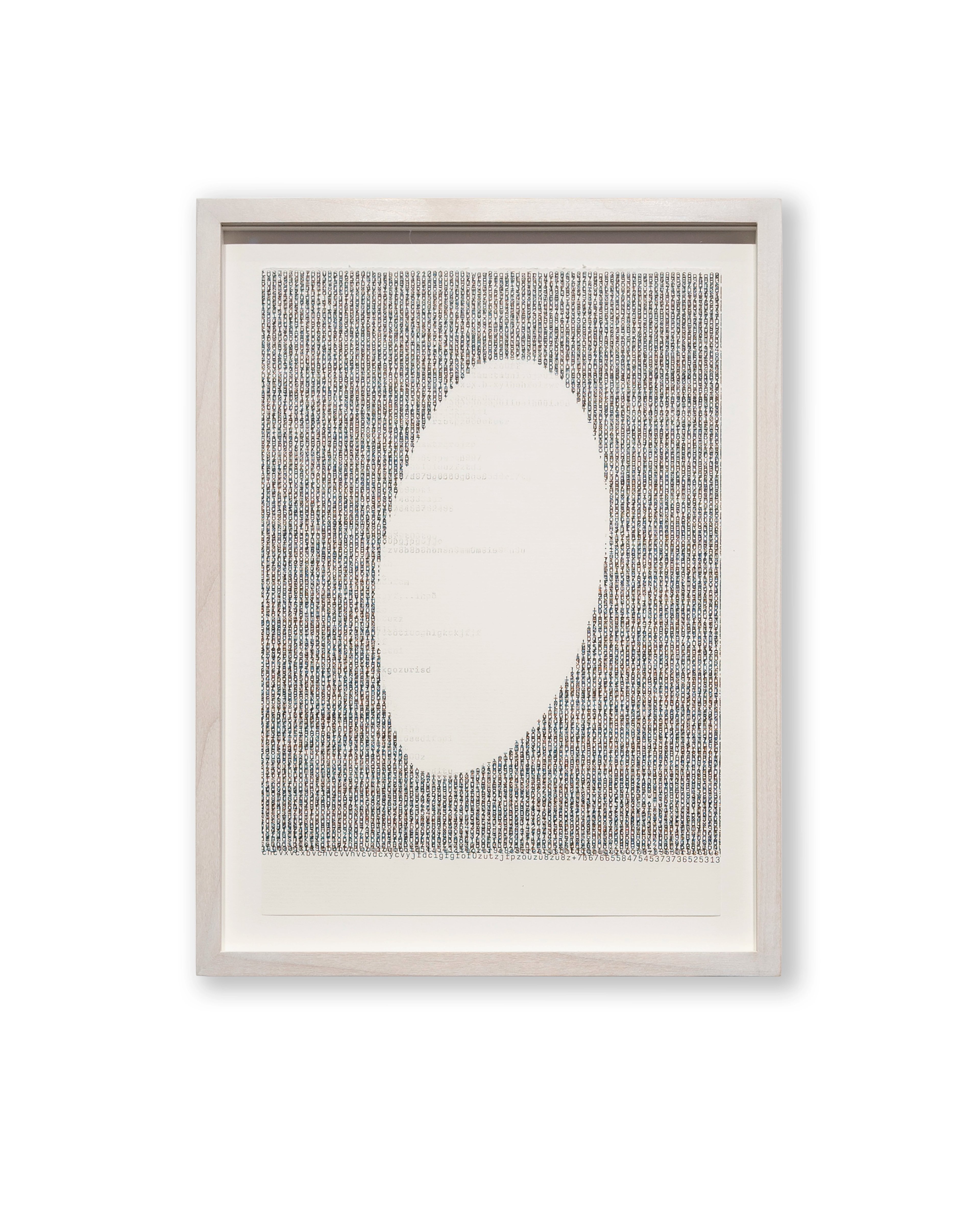 Typewritten text forms a dense grid against which a white oval void emerges in the center of the framed composition