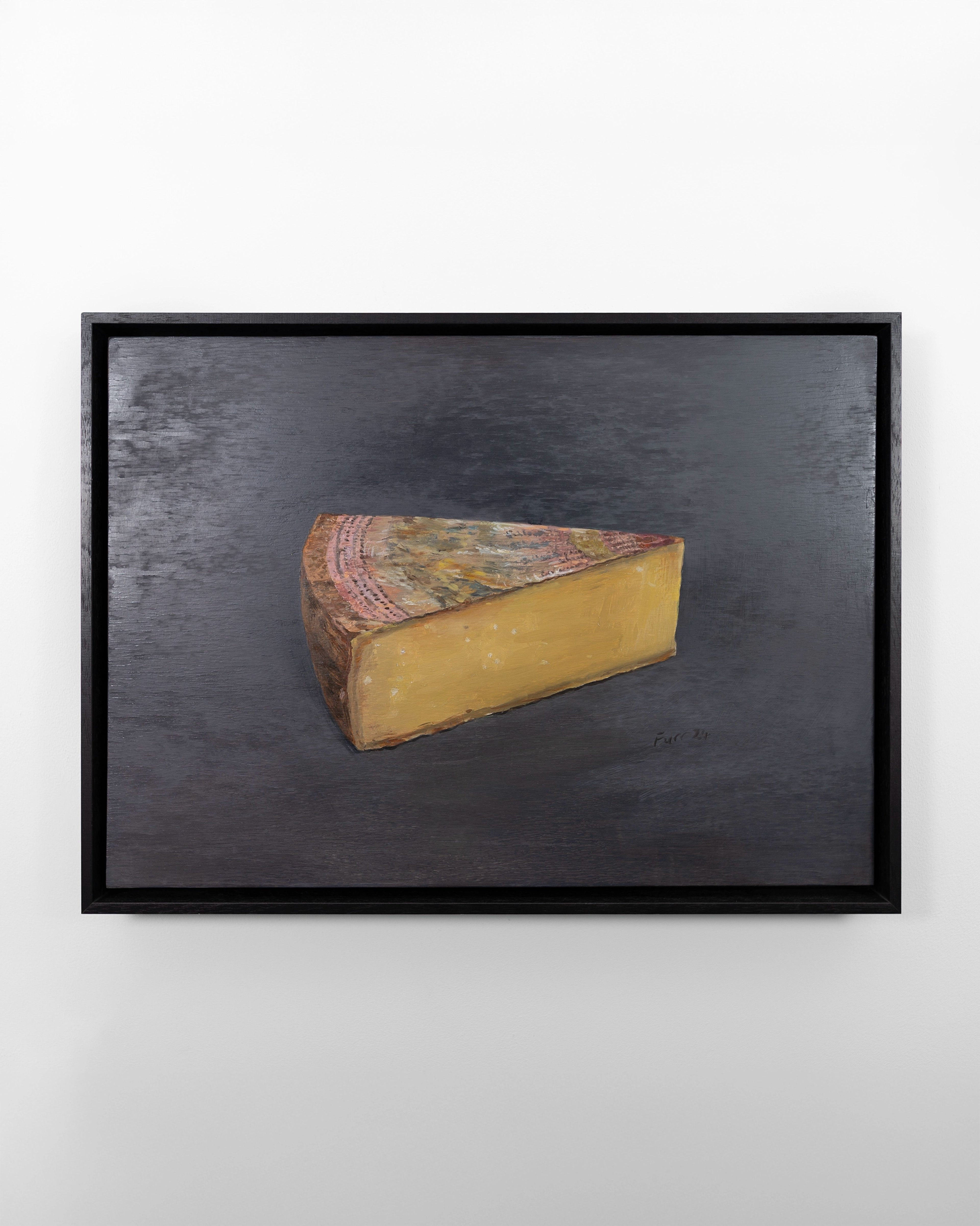 Realistic oil painting of a wedge of aged cheese with brown rind and pale yellow interior, set against a dark grey textured background in a black frame