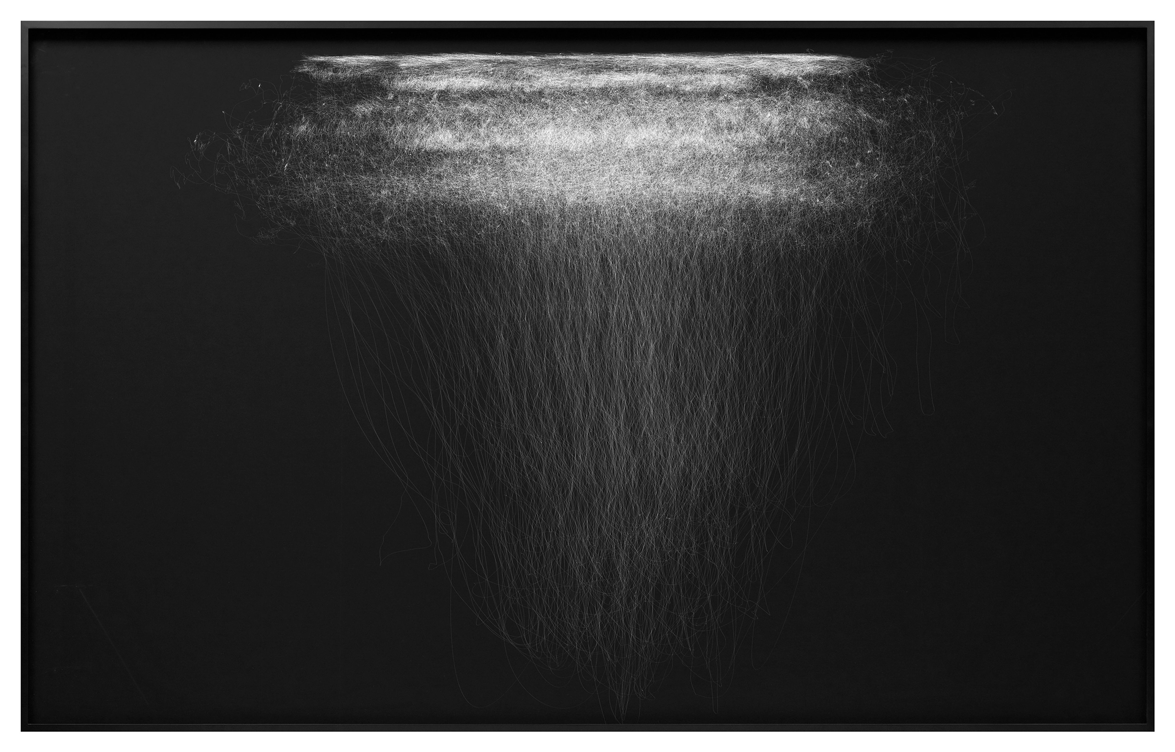 Fine graphite lines converge downward from a luminous horizontal band, creating an inverted cone form against black background in this motion capture drawing.
