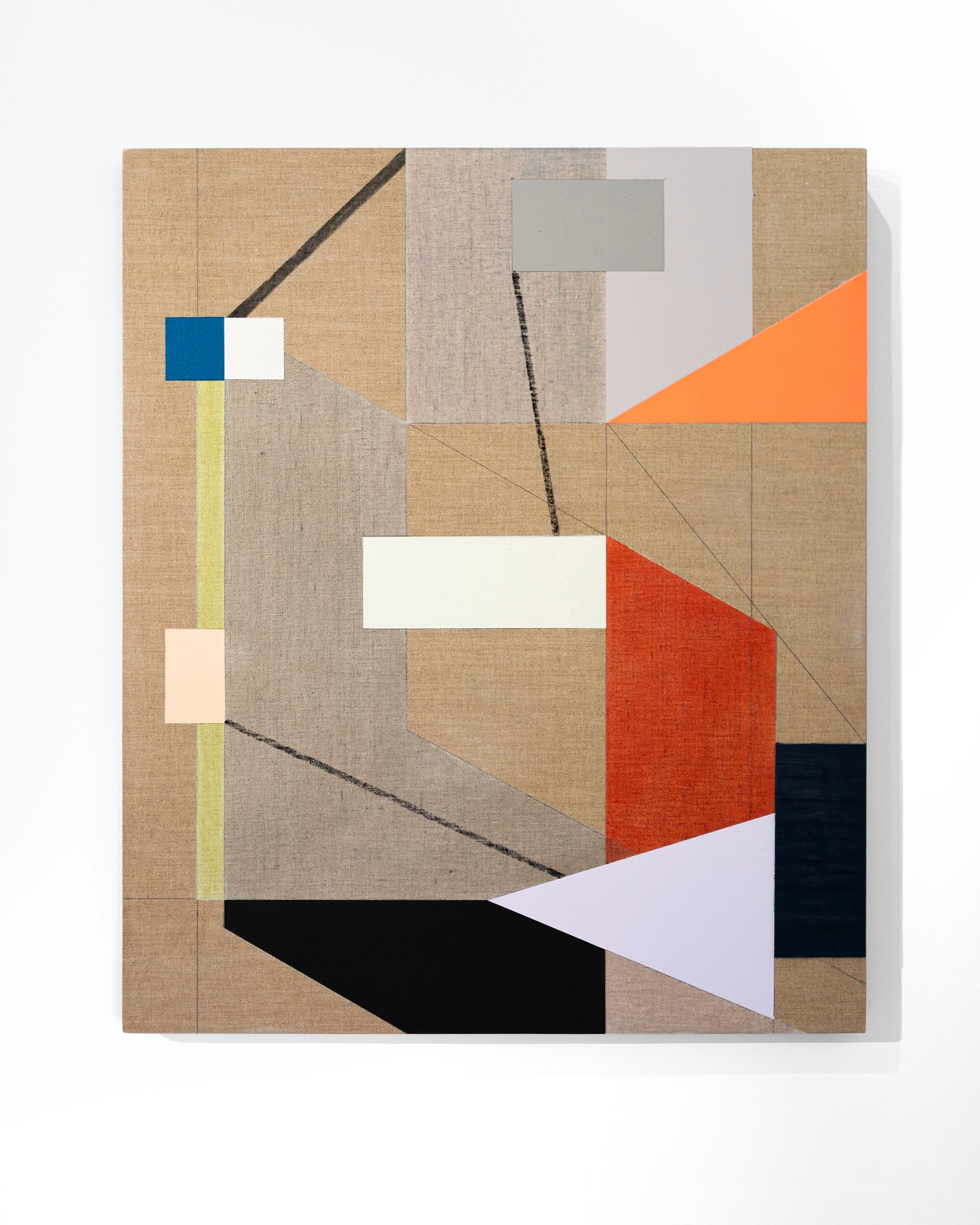 Abstract composition on linen with layered geometric forms in blue, white, orange, red, and black shapes overlaid on woven tan and grey backgrounds, intersec…