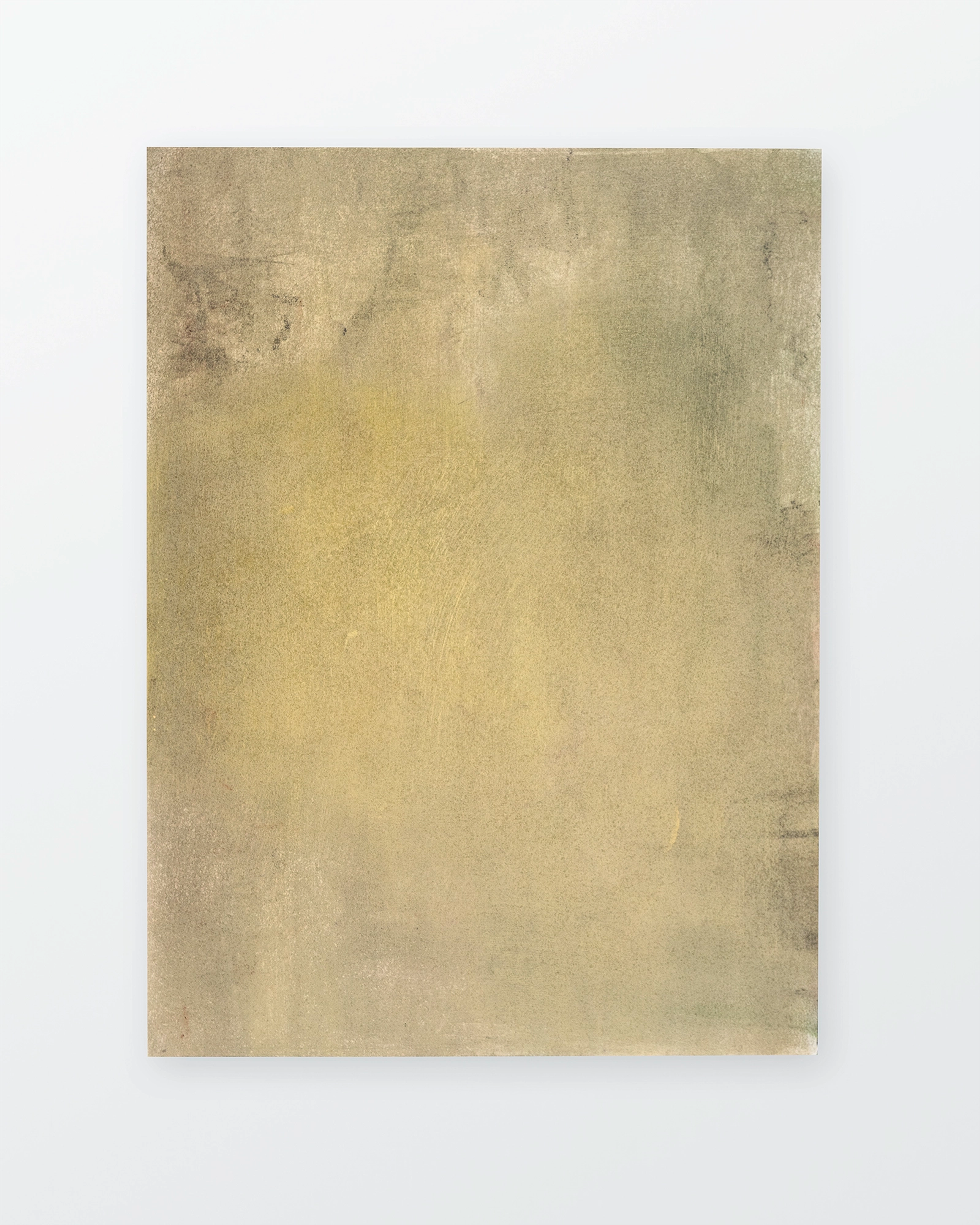 Vertical rectangular panel with muted ochre and grey tones, subtly textured surface with soft pastel marks creating atmospheric gradient from darker upper ed…