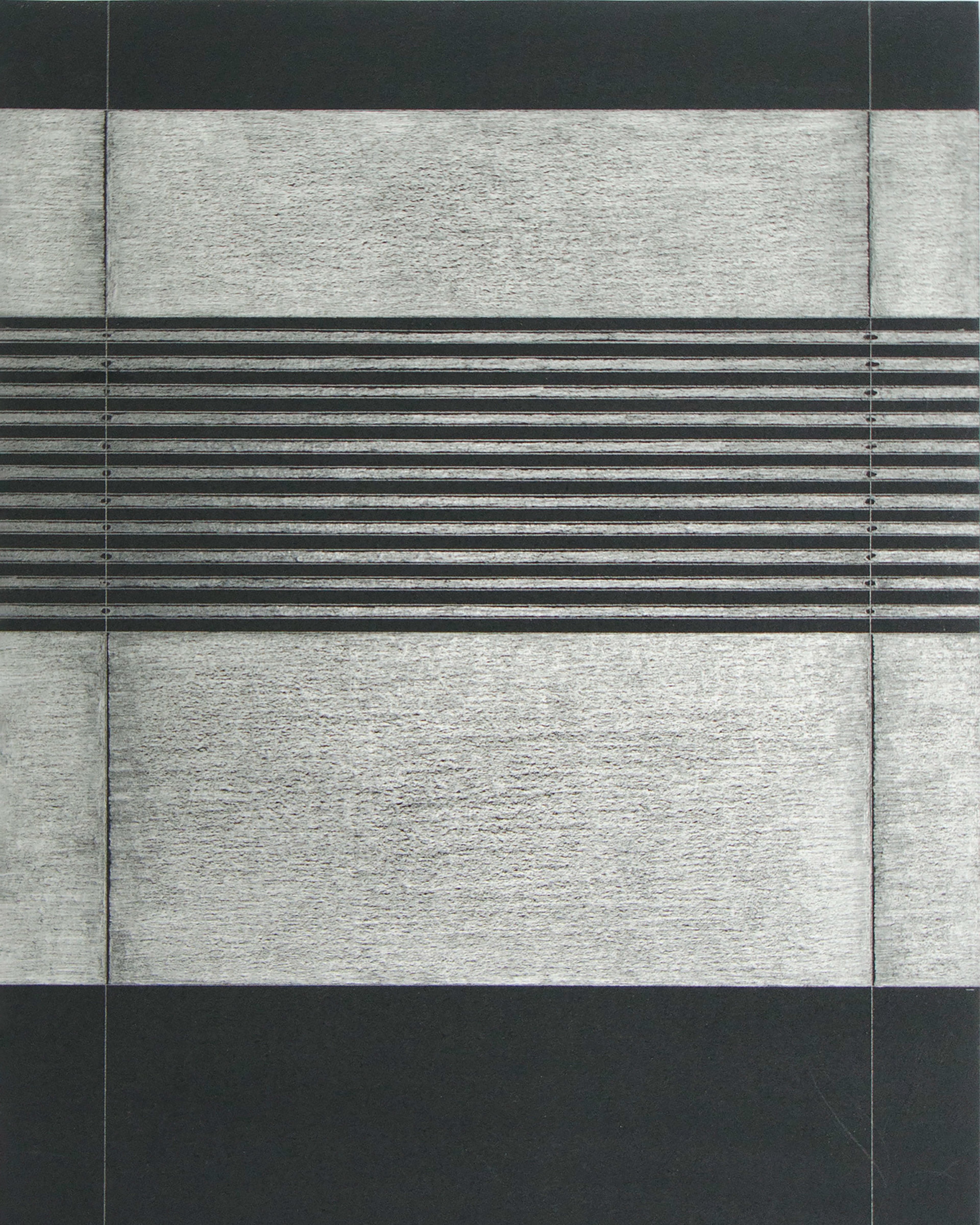 Geometric composition with alternating horizontal bands of dark charcoal, textured grey, and metallic silver pencil lines arranged in a symmetrical grid pattern
