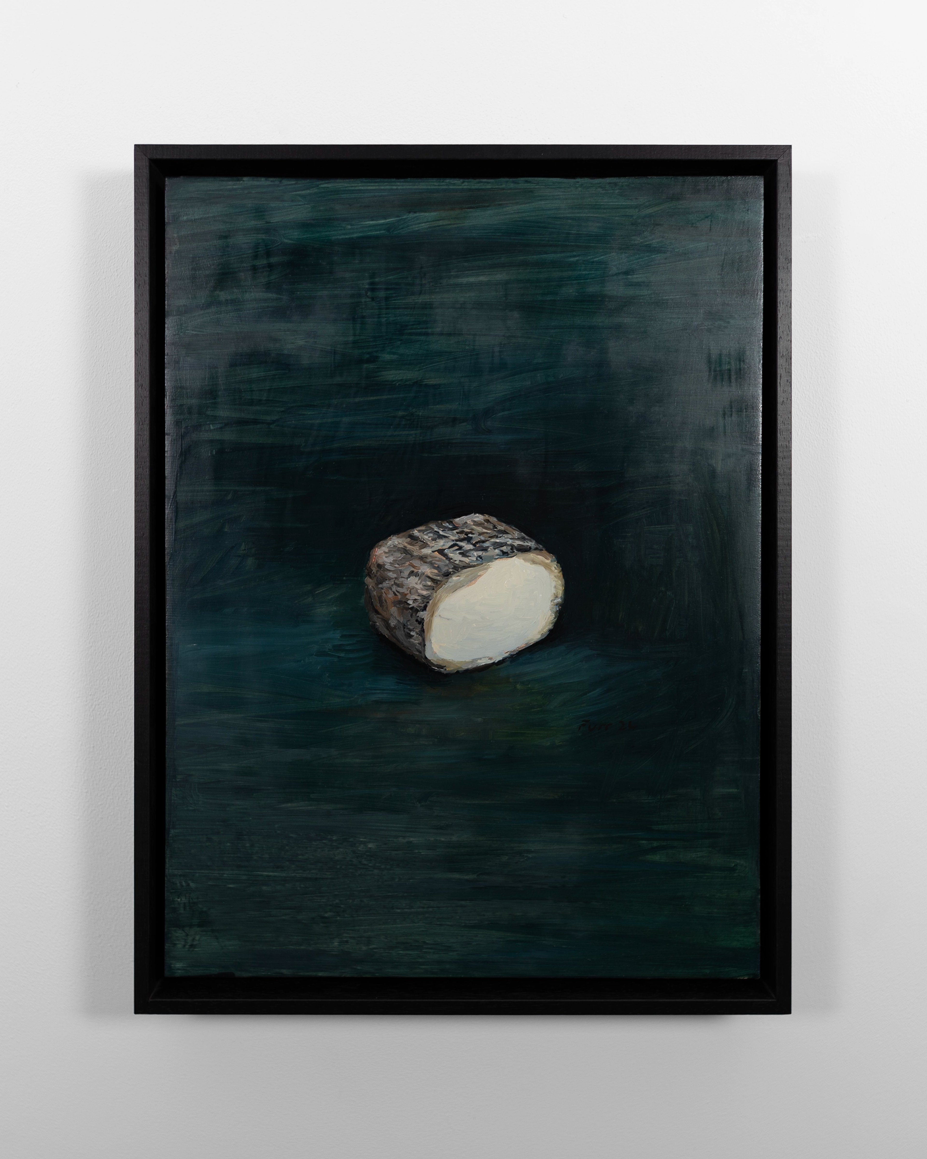 Oil painting on gessoed panel depicting a halved wedge of aged cheese with textured grey-brown rind and cream interior against a dark teal-green background
