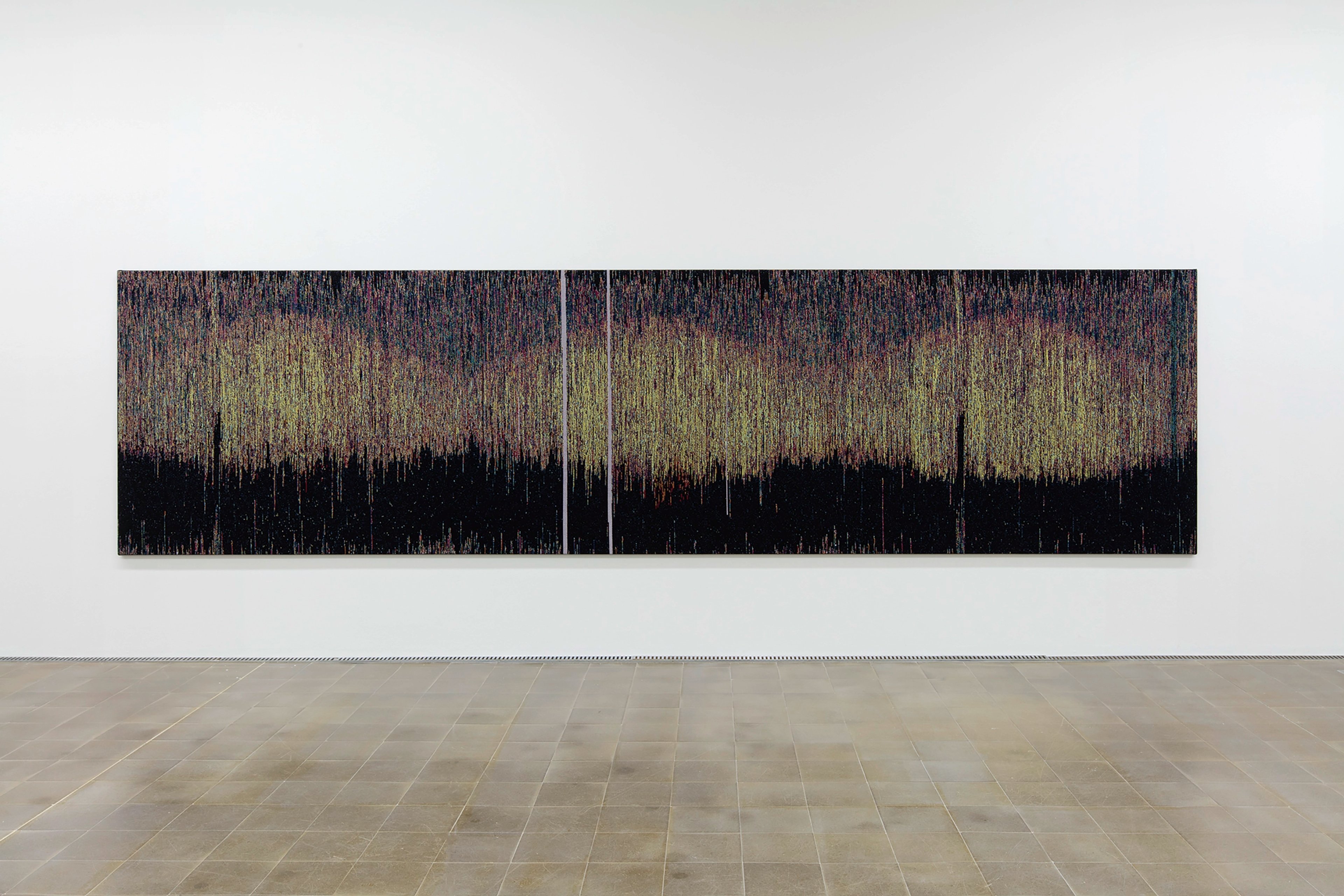 Horizontal tapestry in three panels with vertical striations in black, gold, and rust tones, resembling an abstract audio waveform or landscape horizon