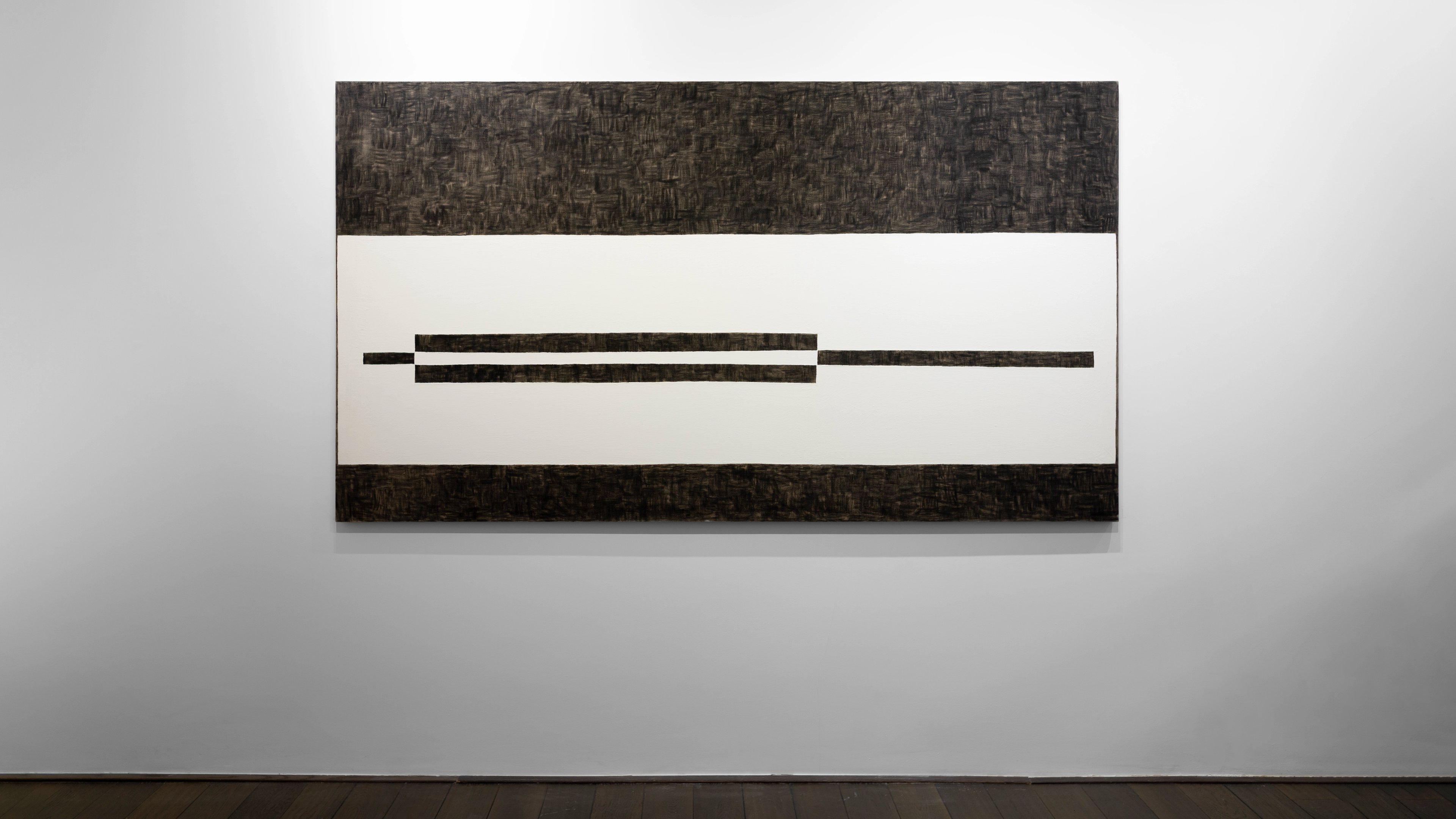 Horizontal abstract composition with dark textured bands at top and bottom framing a cream centre, containing two black charcoal lines