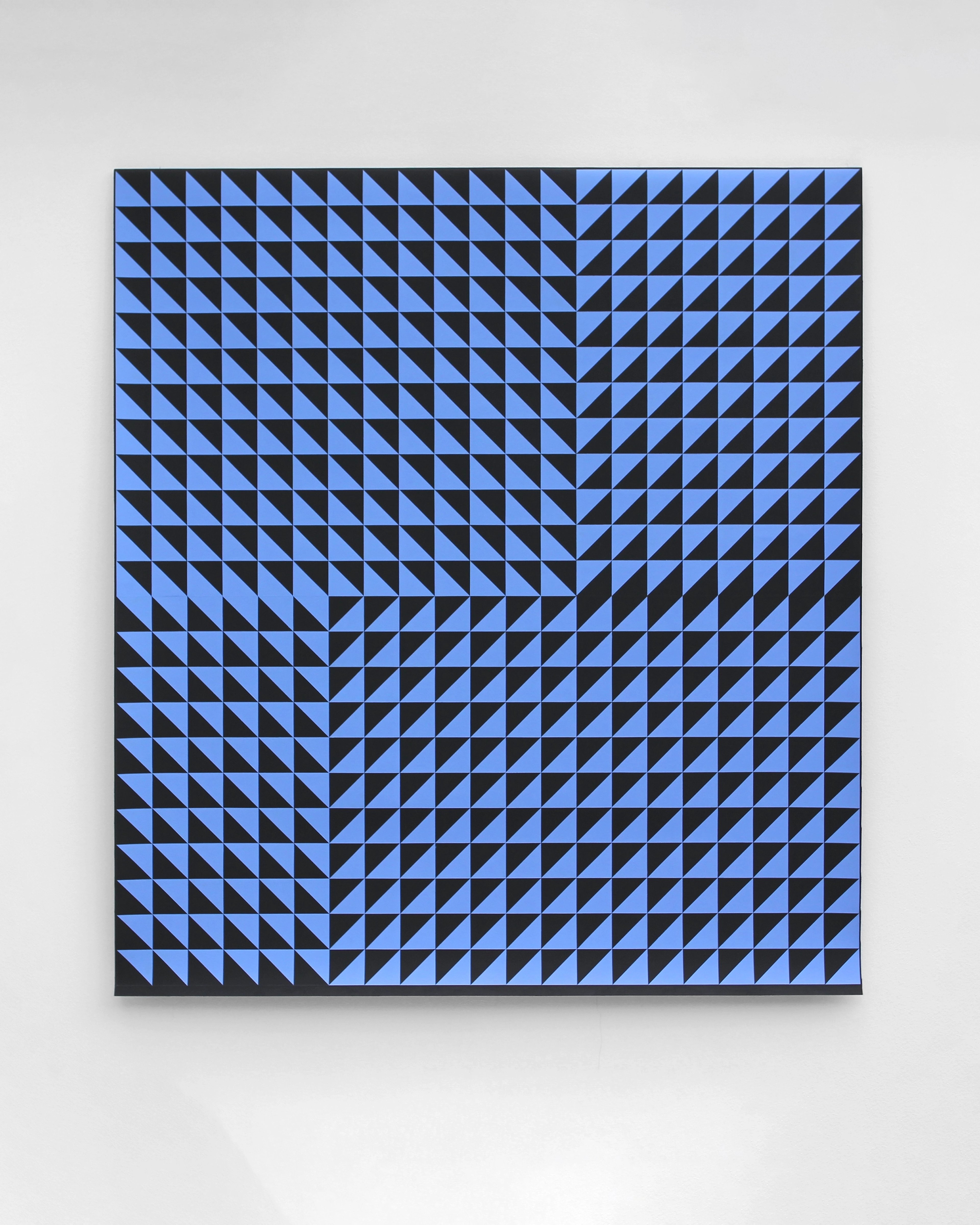 Geometric abstract acrylic painting on canvas with repeating pattern of small blue and black triangles arranged in a grid, creating an optical illusion of de…