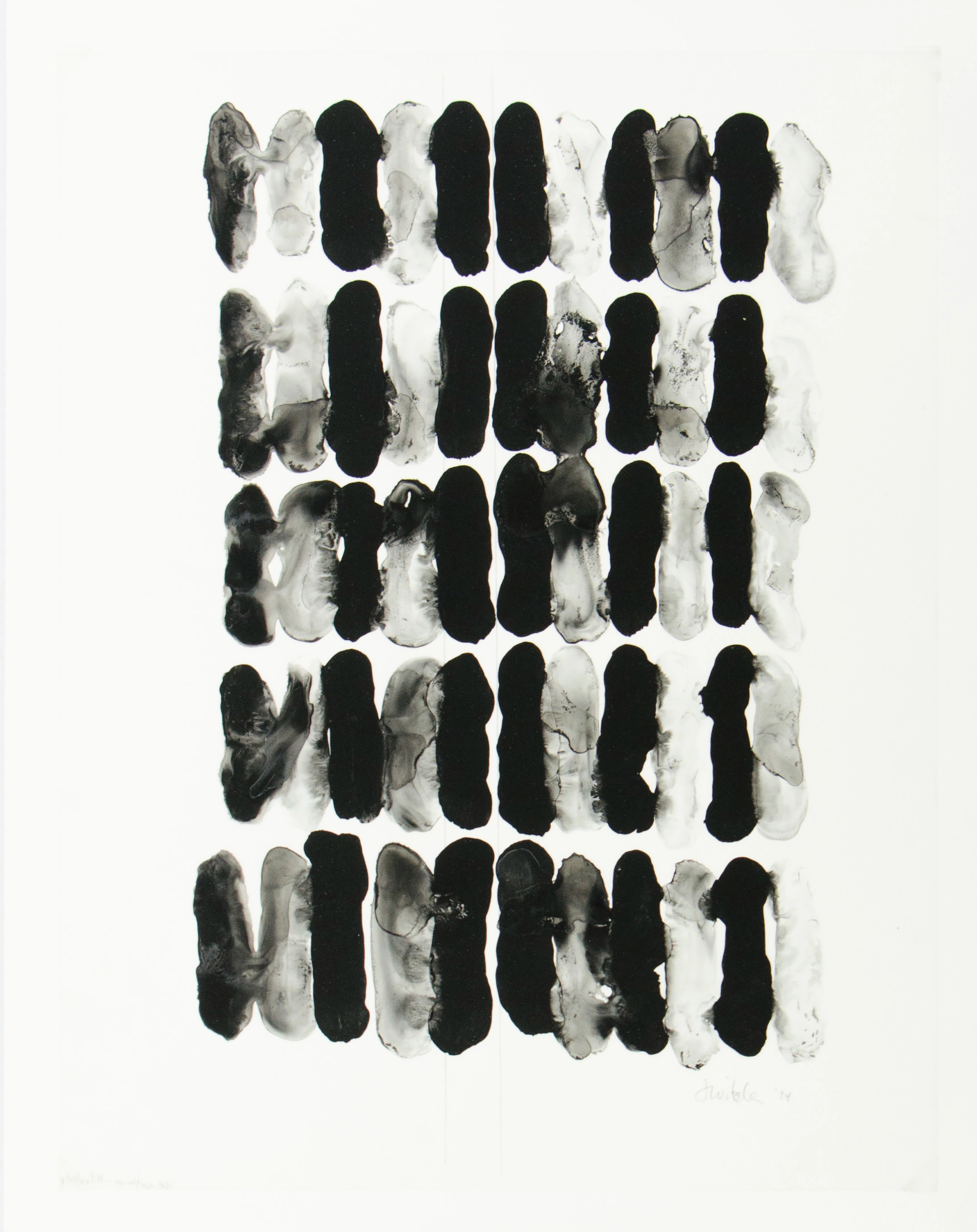 Grid of fifty black and white watercolour oval forms arranged in five rows, alternating between solid black and translucent grey washes on cream paper.