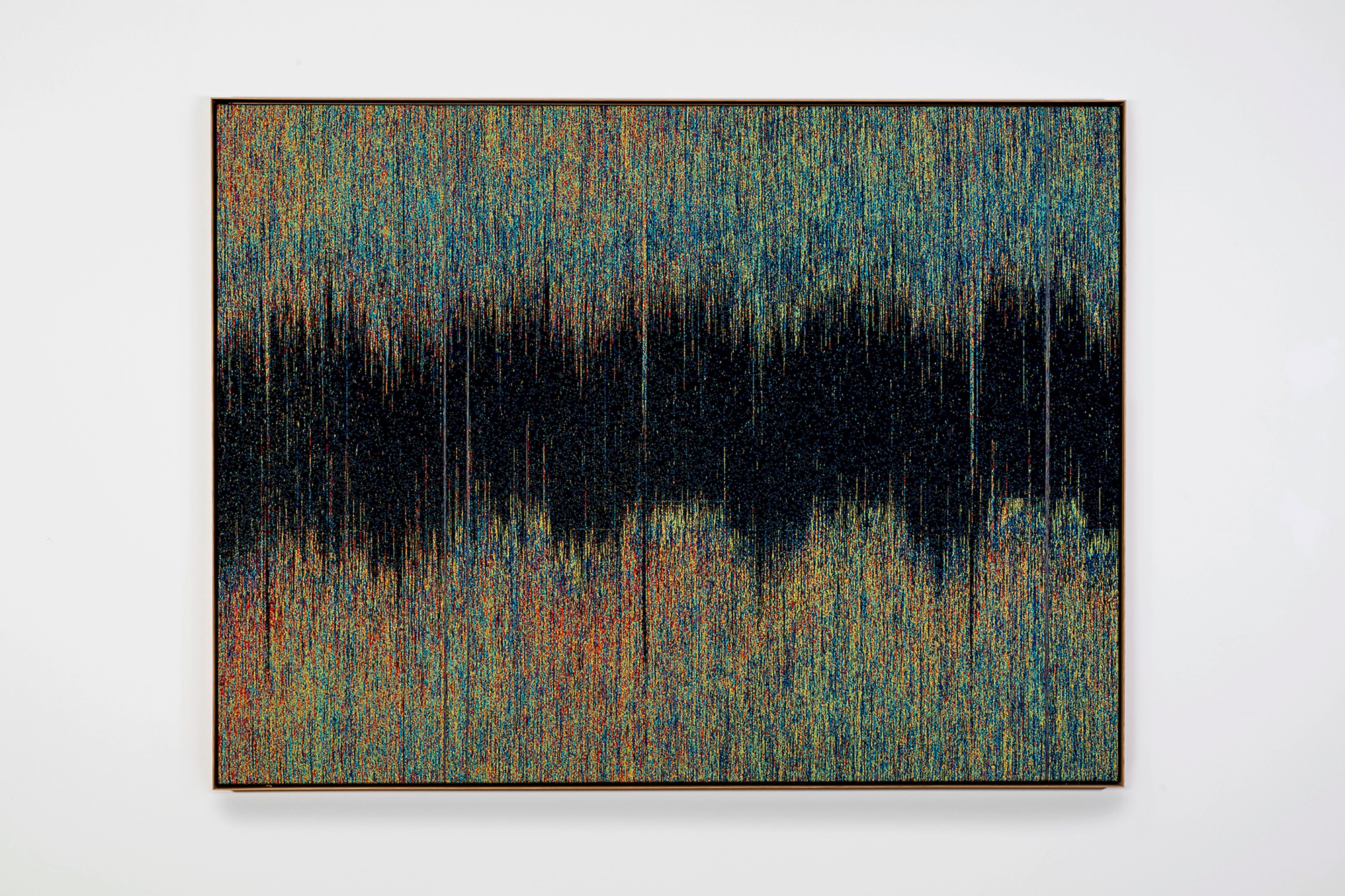 Jacquard tapestry with vertical striations in teal, black, rust, and gold, divided into three horizontal bands suggesting landscape or data visualization