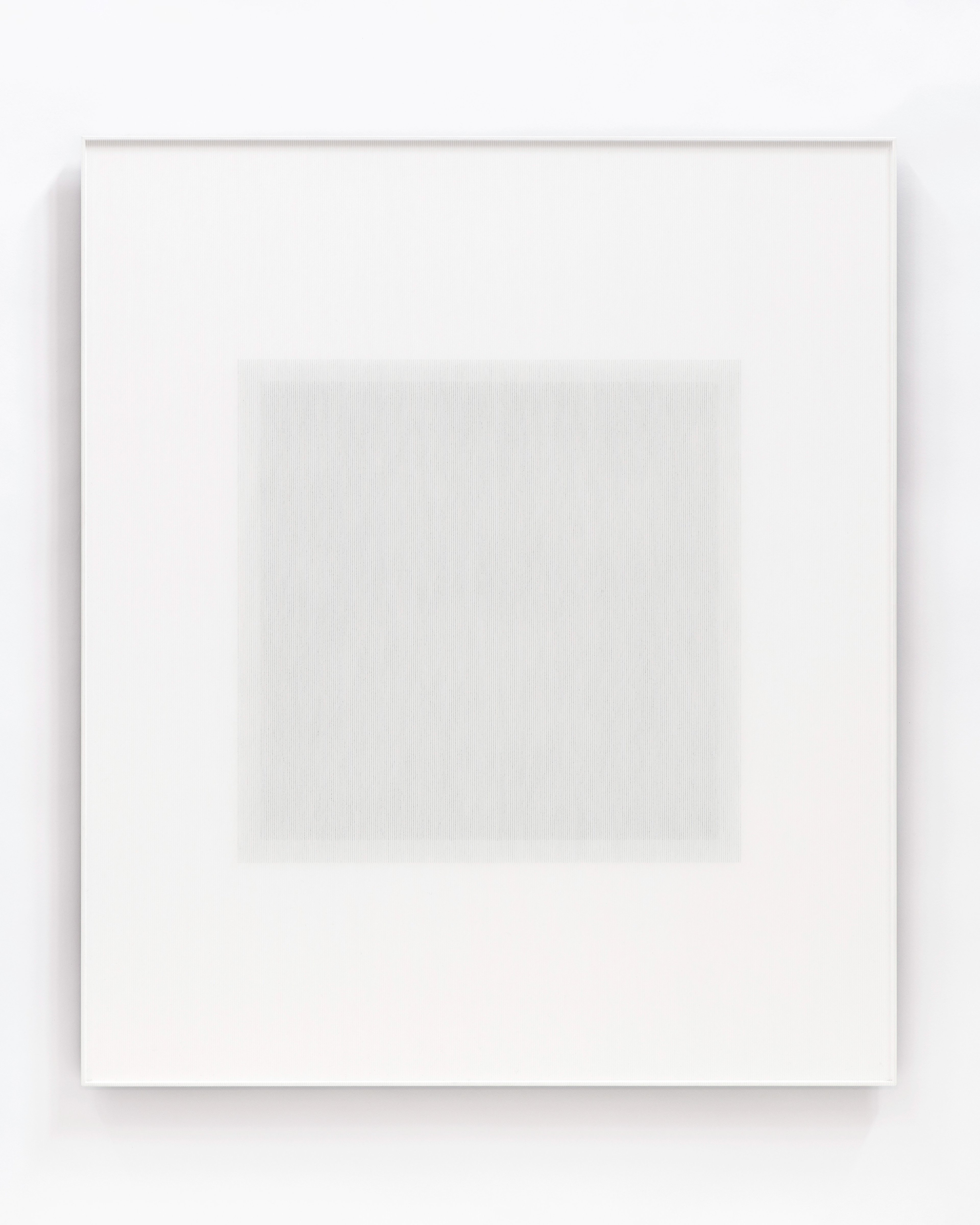 Subtle rectangular composition with fine vertical thread lines creating a pale gray square centered on white panel, mounted on Dibond