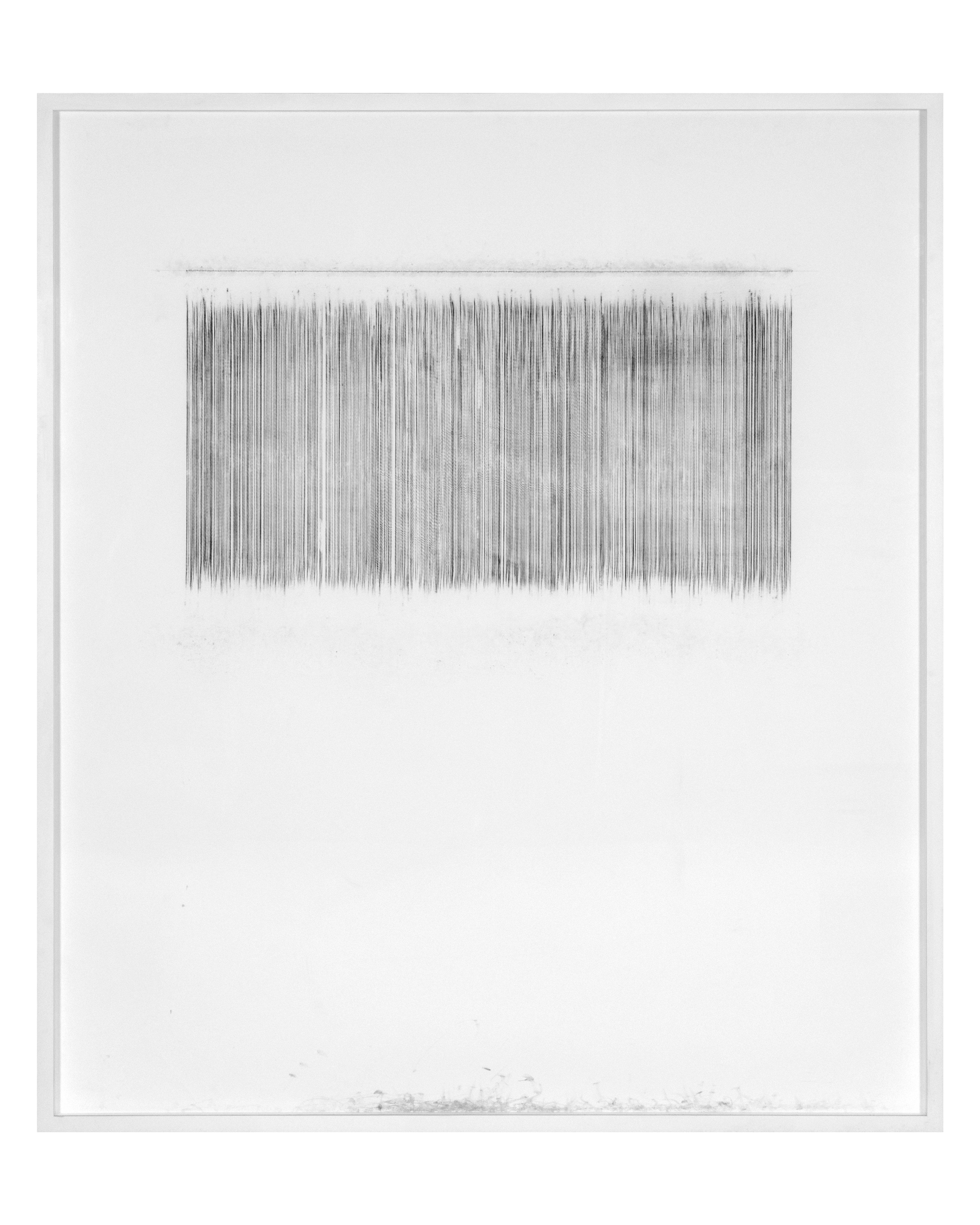 Dense parallel vertical lines in black vine ash create a rectangular form on white paper, resembling an audio waveform or seismic trace