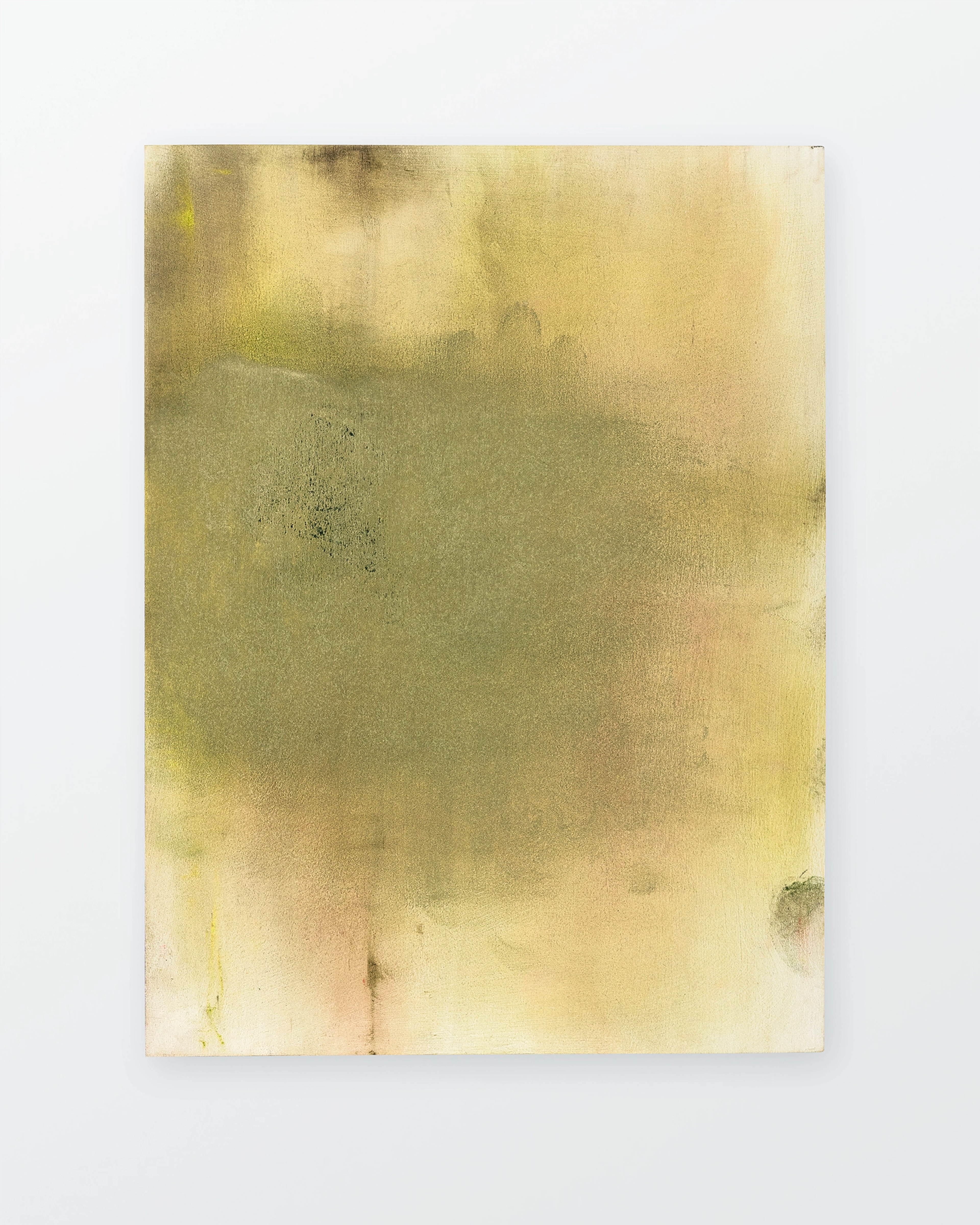 Soft pastel on wood panel in muted yellow and cream tones with atmospheric grey-brown clouds and organic staining effects throughout