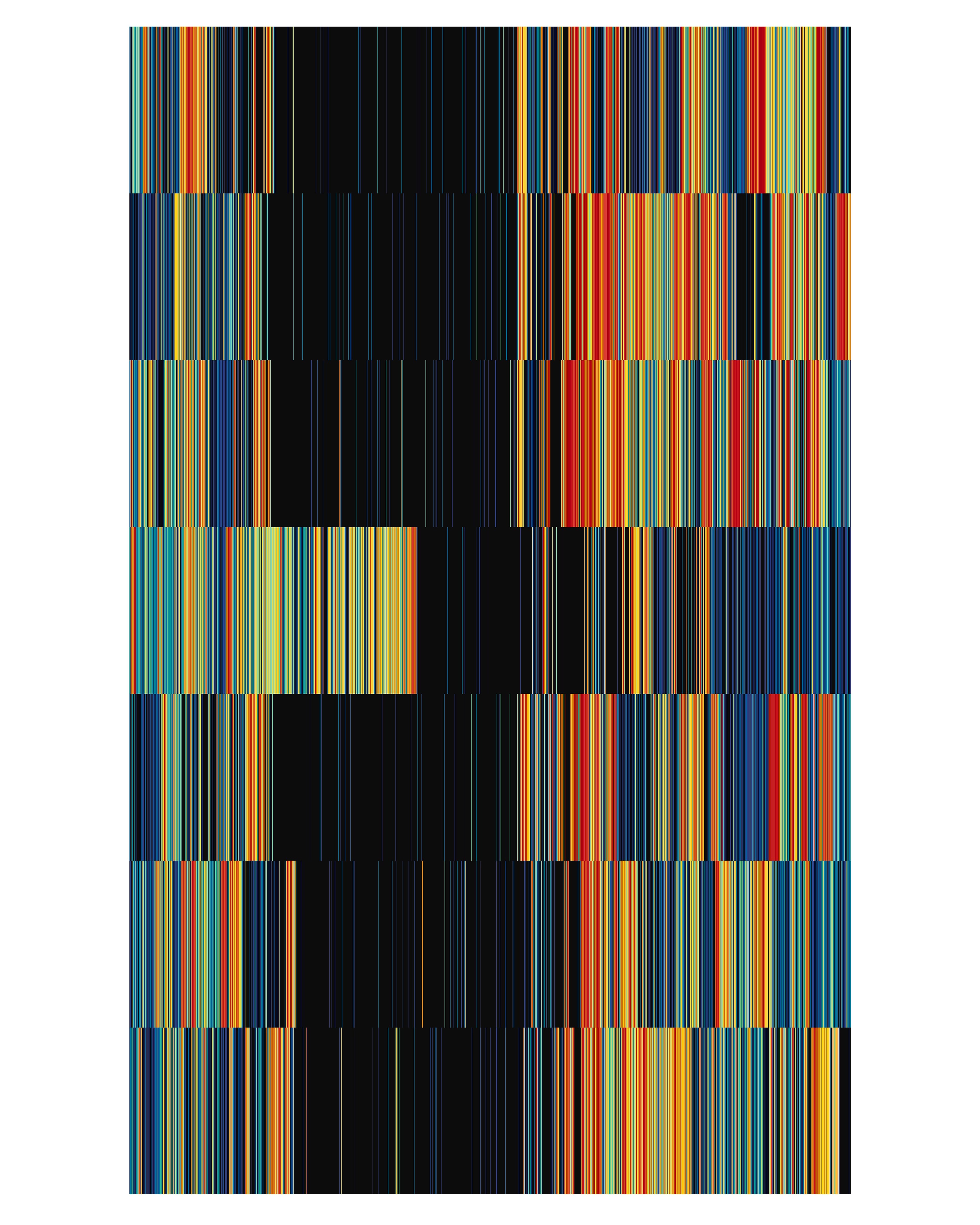 Vertical striped abstract composition in blue, orange, green, red, and black lines arranged in rectangular blocks with varying widths and densities across th…