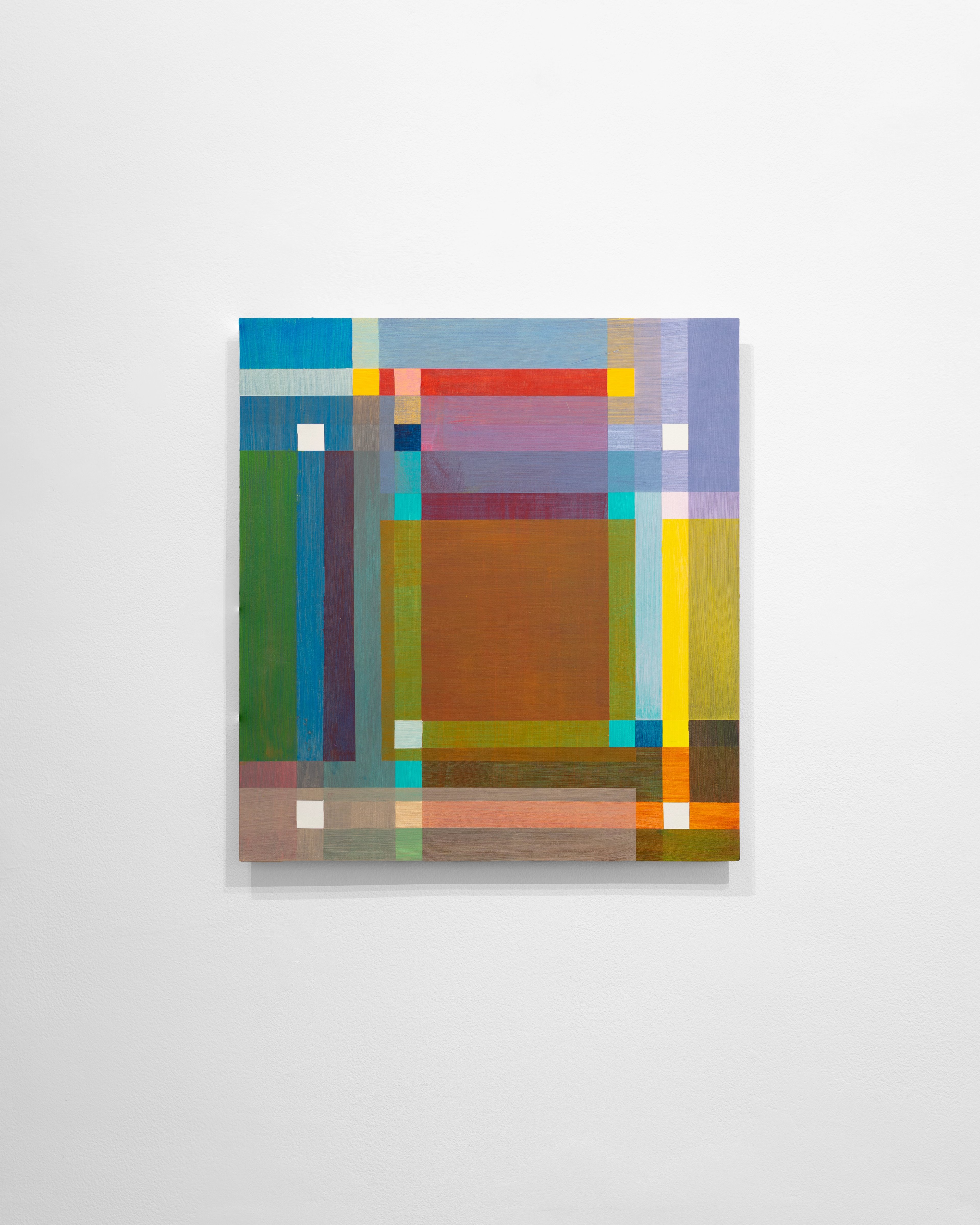Abstract composition with interlocking rectangular blocks in teal, green, brown, yellow, orange, and purple layered across acrylic panel