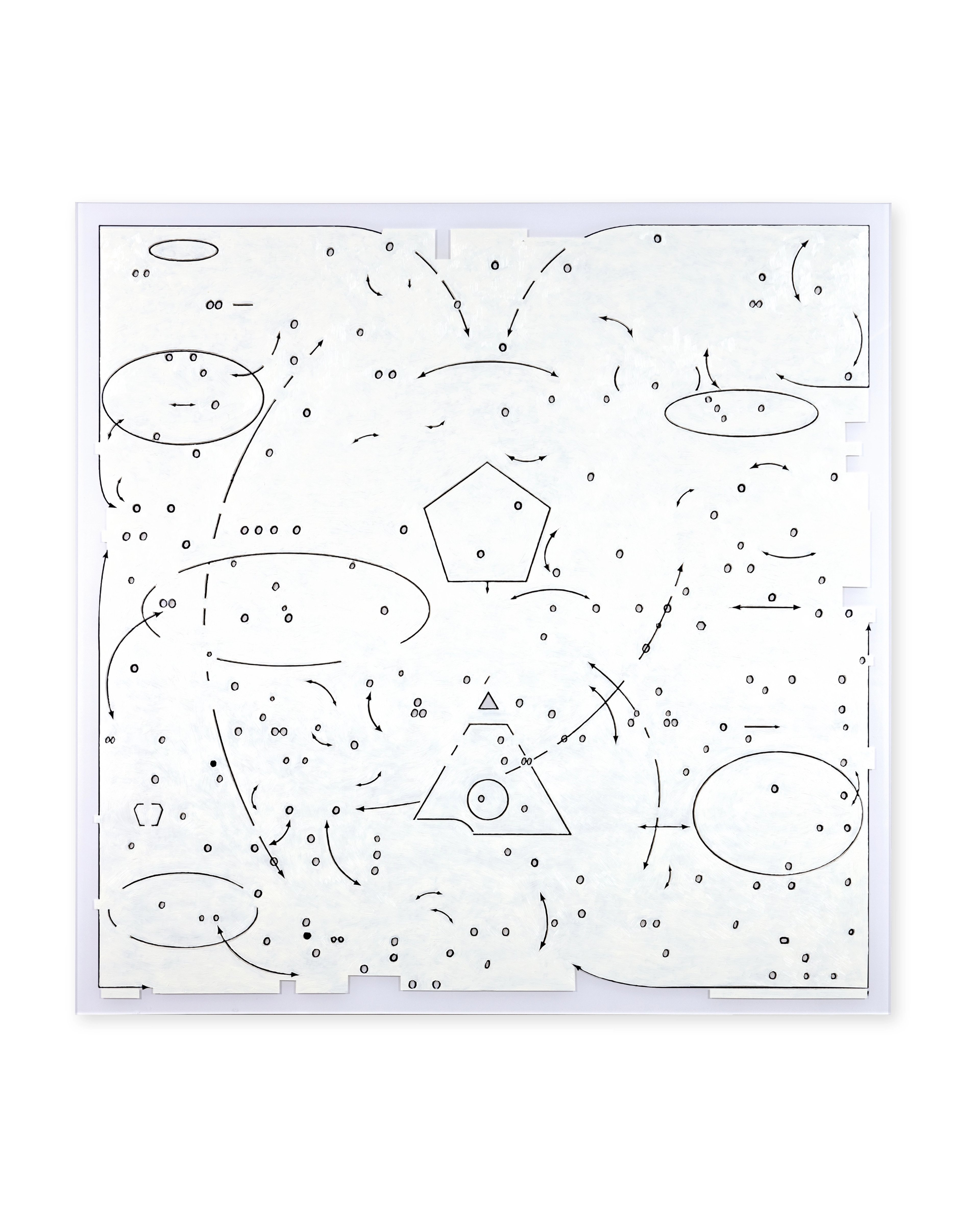 Pen and ink drawing on white paper featuring scattered circles, triangles, and ellipses connected by arrows and curved lines, suggesting diagrams or network…