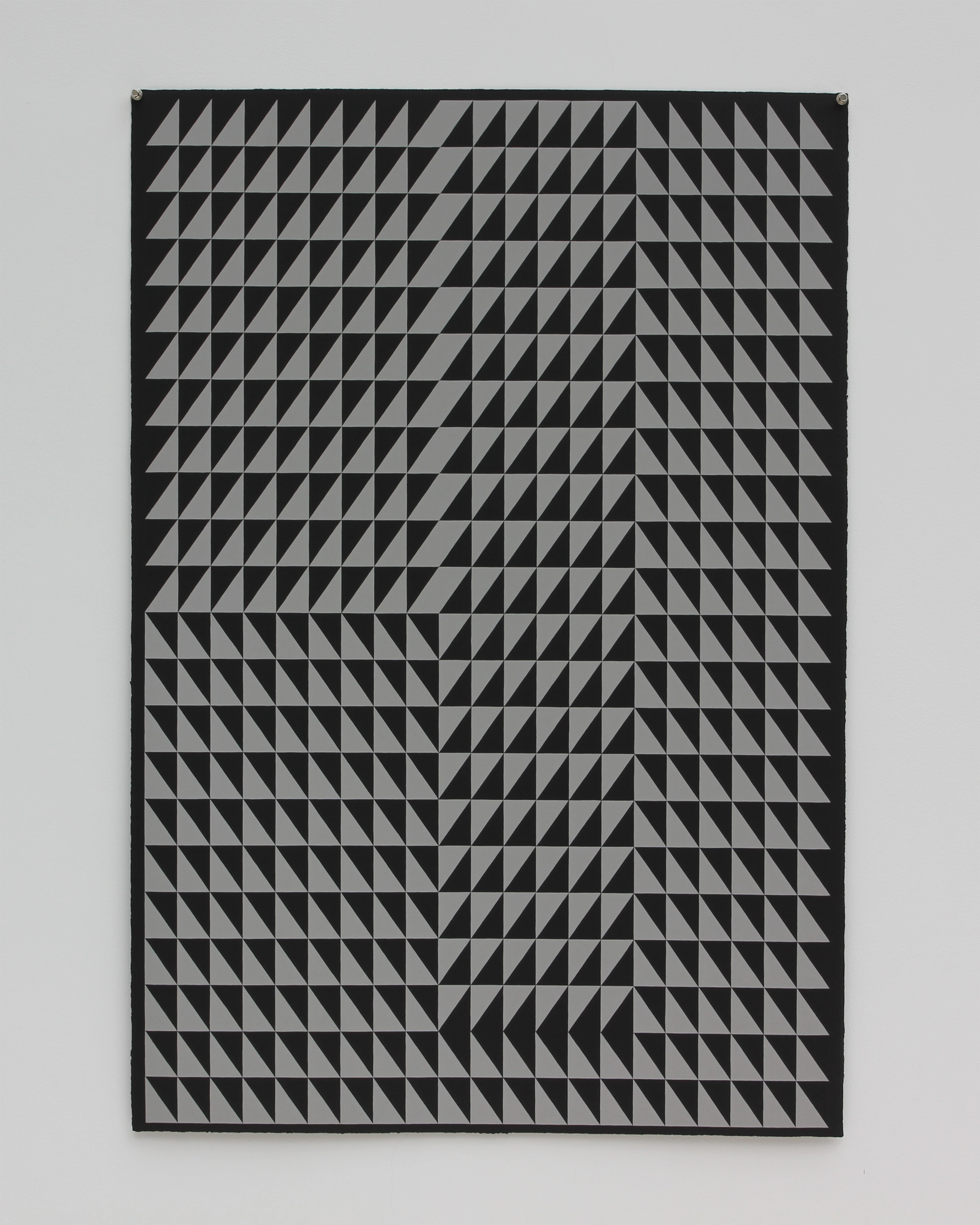 Black and grey gouache painting with precisely arranged rows of small triangular forms creating an optical illusion of depth and movement across the composit…