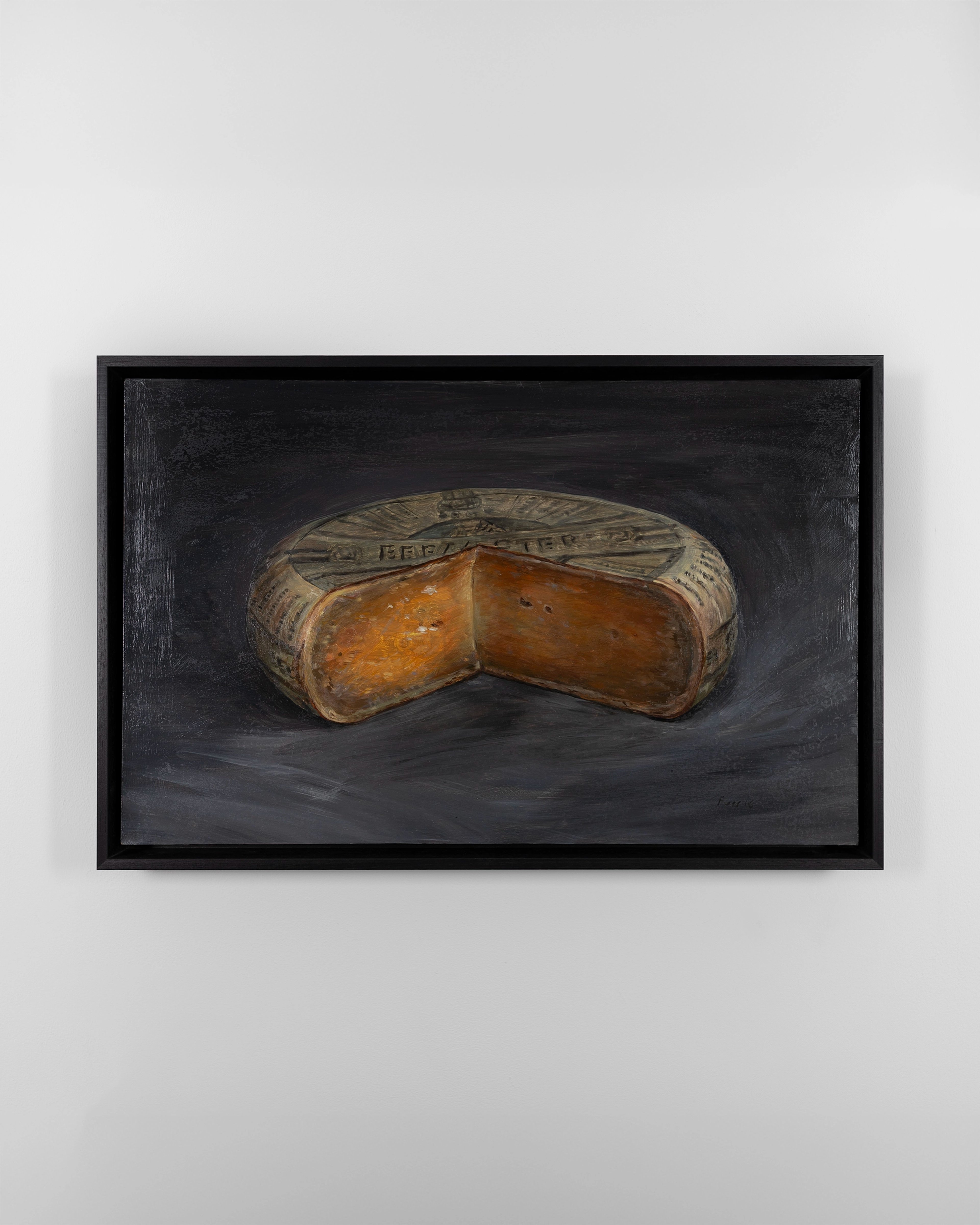 Oil painting of a halved Beemster cheese with tan wrapper and golden-brown interior, rendered against dark grey background in black frame