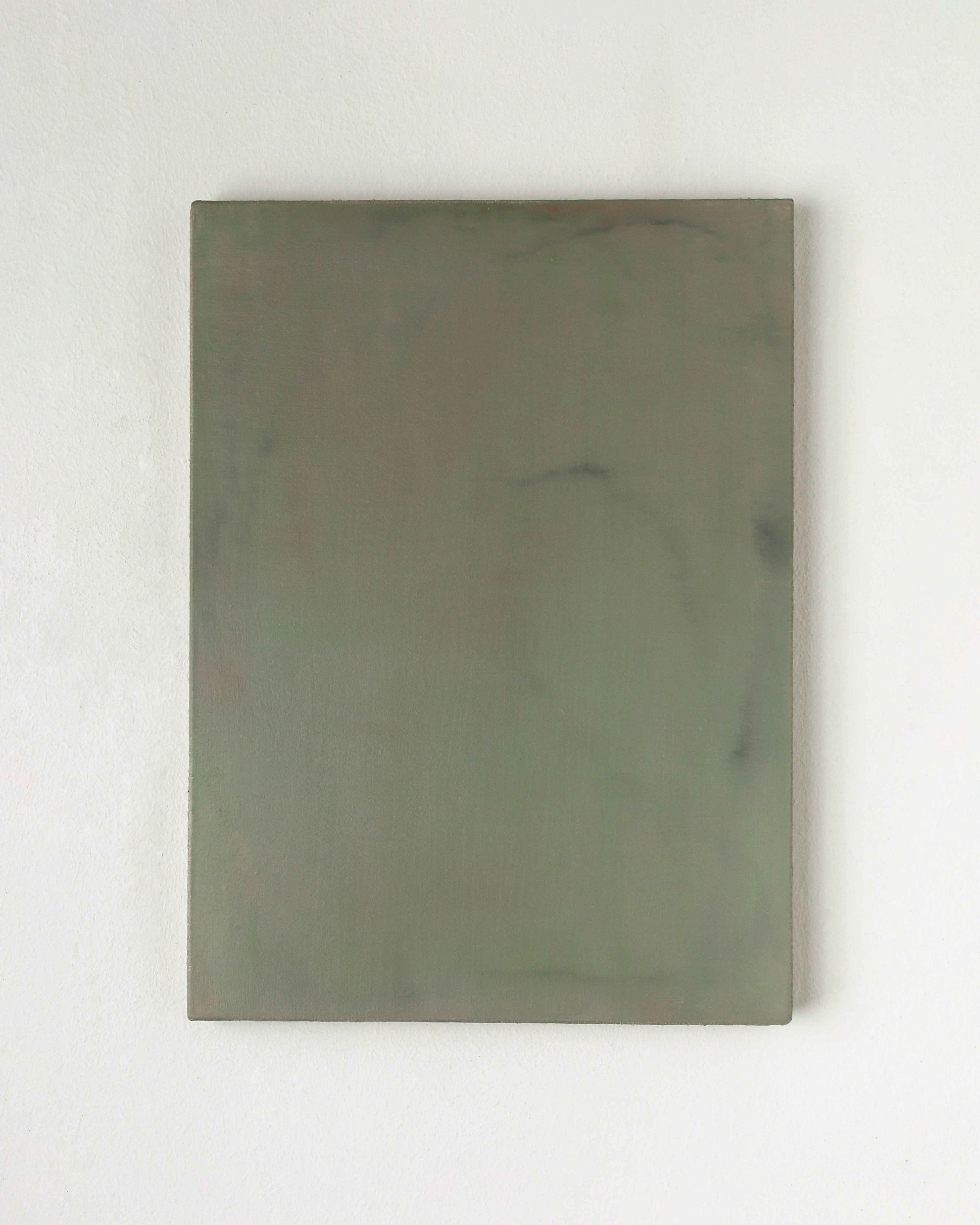 Vertical canvas painted in muted sage-green tones with subtle gestural marks and variations in surface texture throughout.