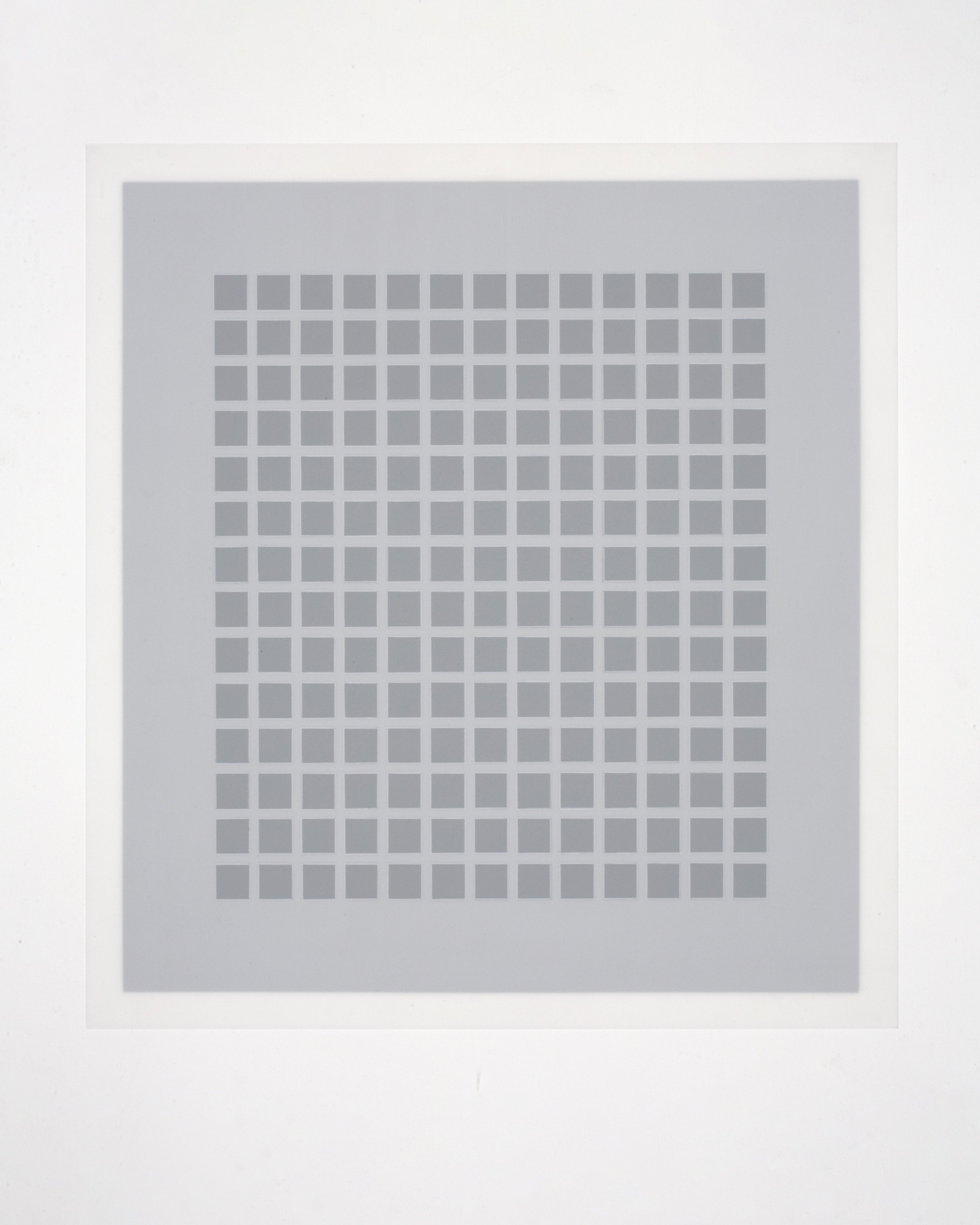 Grid of approximately 182 small grey squares arranged in uniform rows on a grey-blue ground, drawn in acrylic and coloured pencil on drafting film