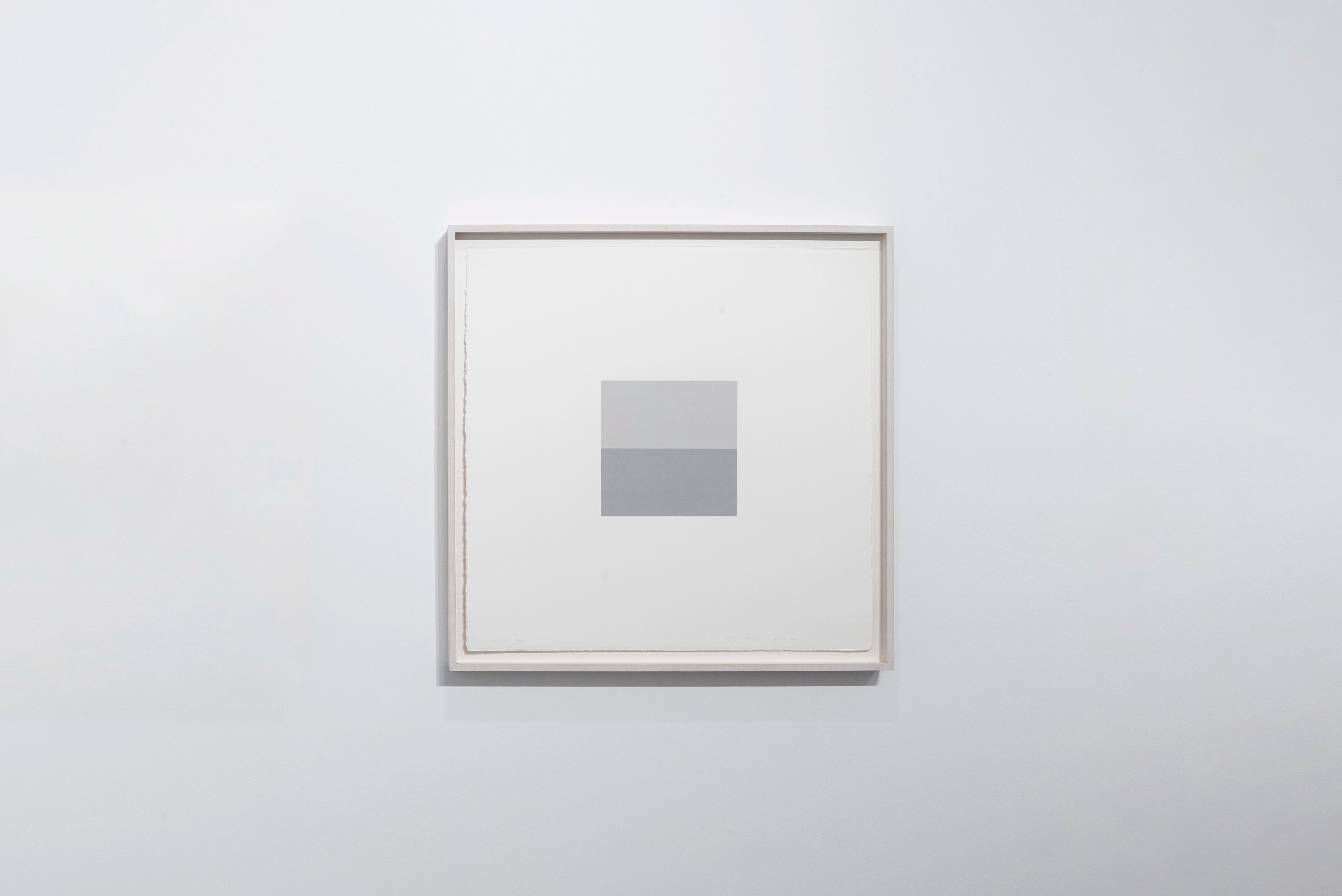 Framed acrylic drawing on paper featuring two horizontal rectangular forms in light and medium grey tones centered on a cream ground within a metal-edged frame