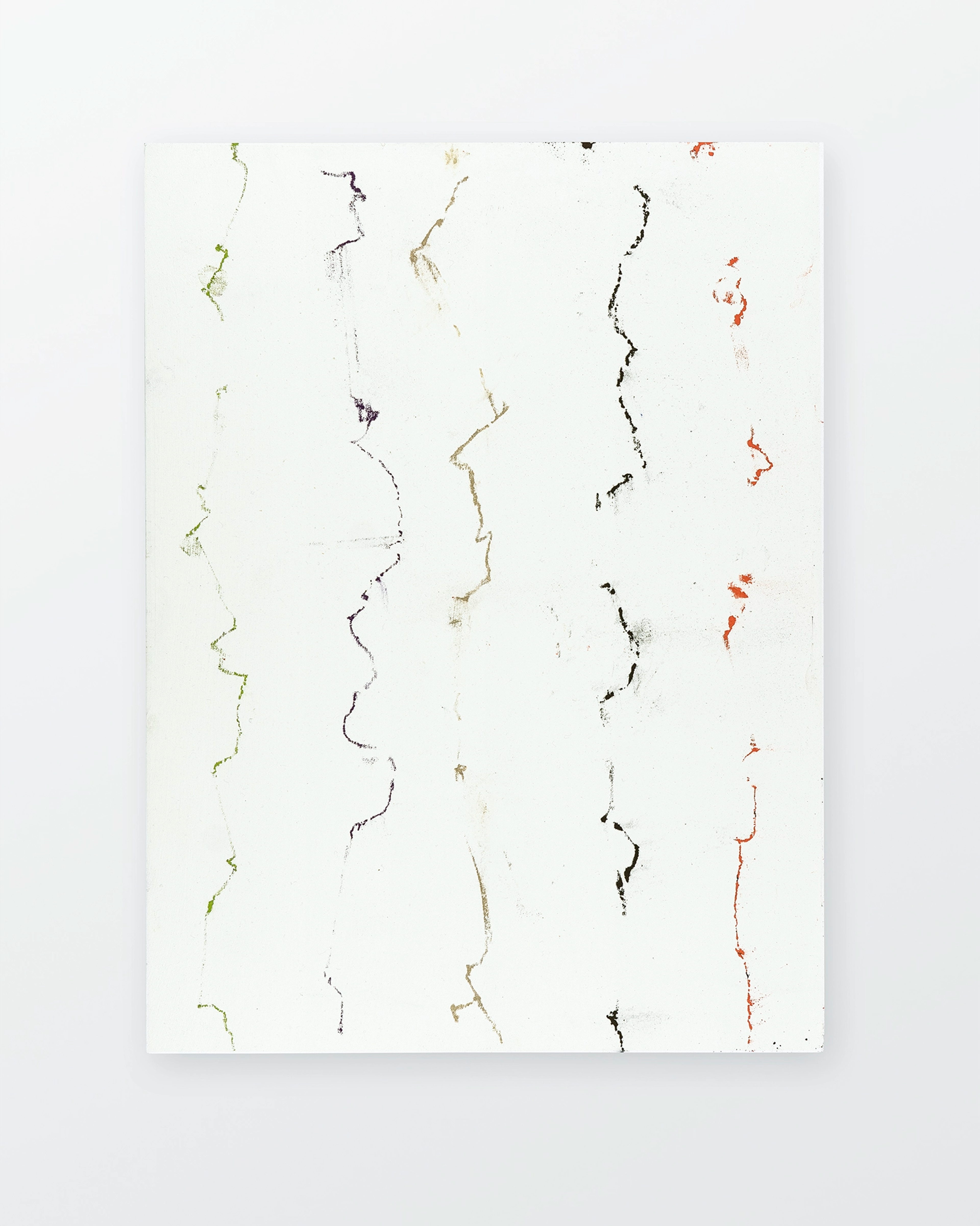 Vertical columns of delicate, meandering pastel lines in green, purple, tan, black, and red on a cream wood panel, creating an abstract linear composition.