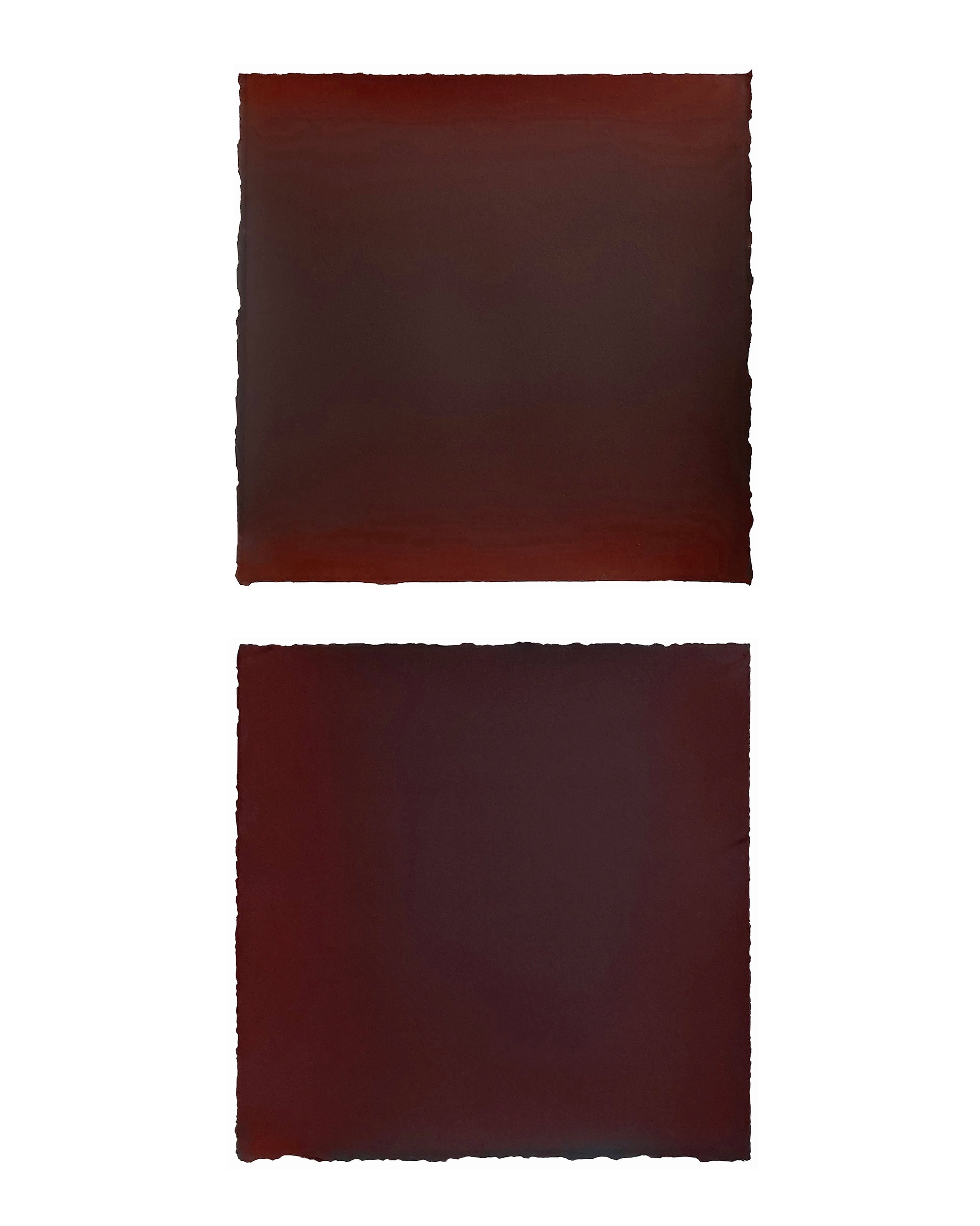 Two stacked rectangular panels of deep maroon and burgundy pigment on watercolour paper with softly feathered edges