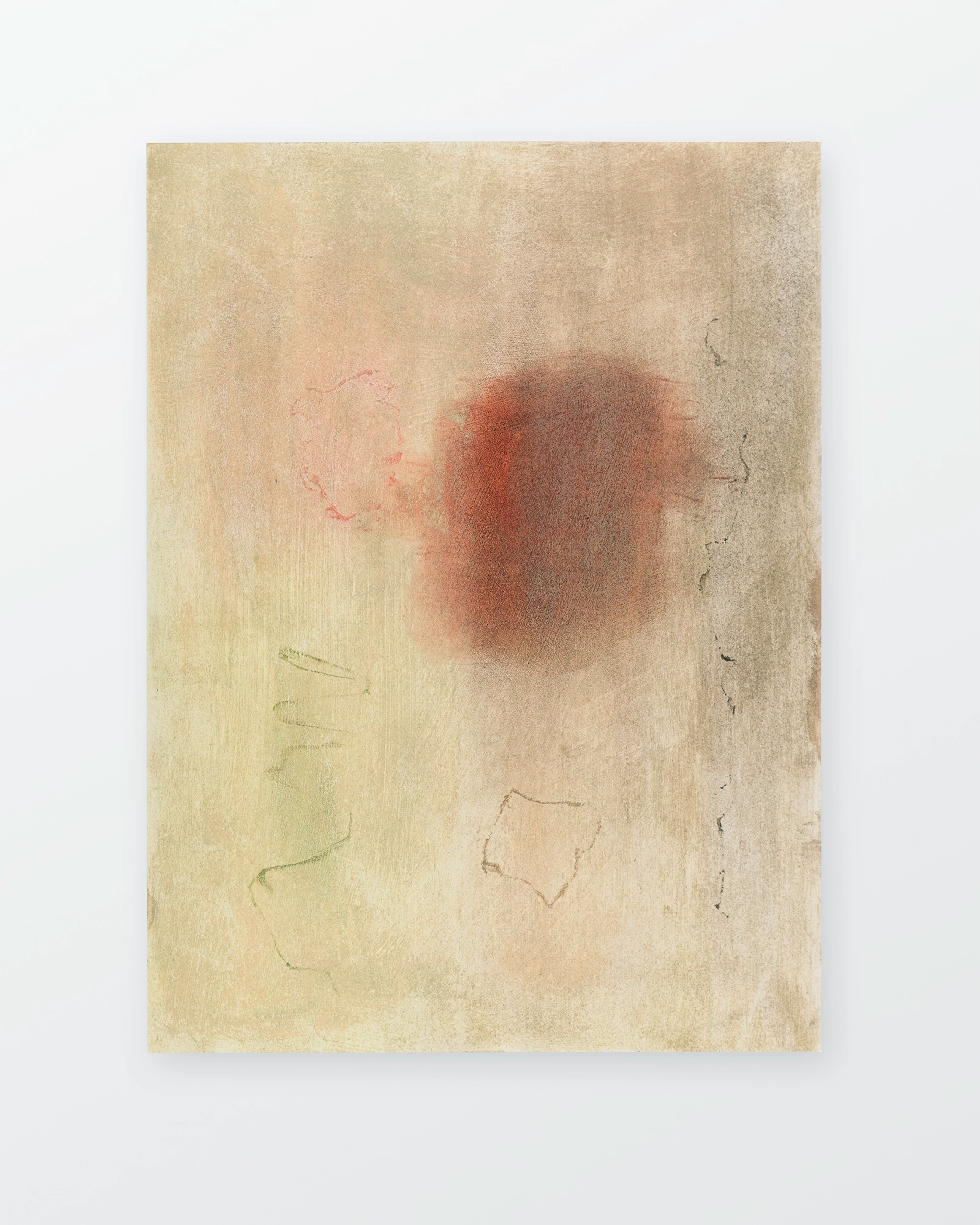 Cream and beige wooden panel with soft pastel marks: a central reddish-brown blurred form, pale pink lines on the left, and delicate green and tan sketched o…