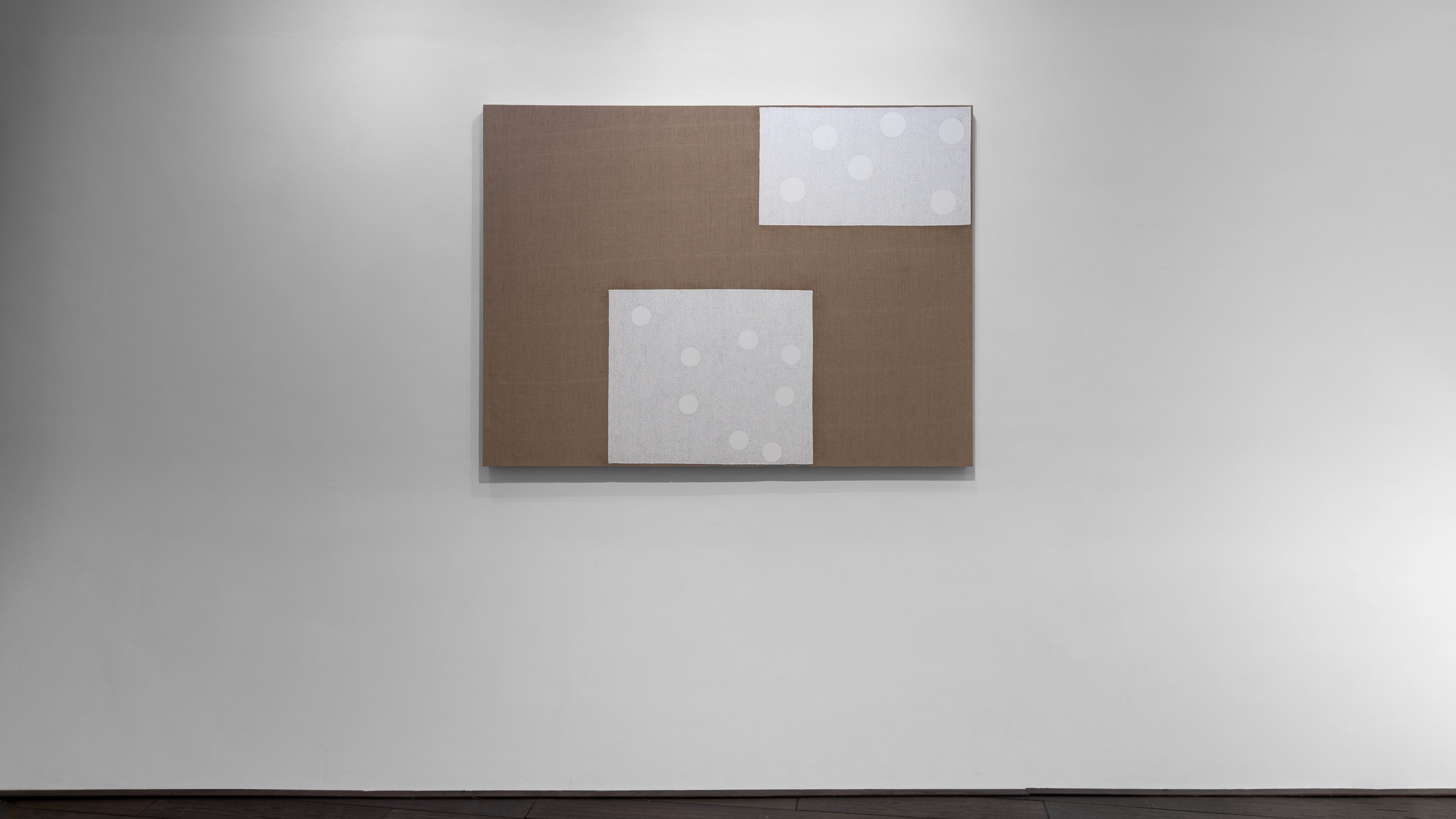 Horizontal linen canvas with taupe acrylic ground and two white rectangular sections outlined in graphite, asymmetrically positioned
