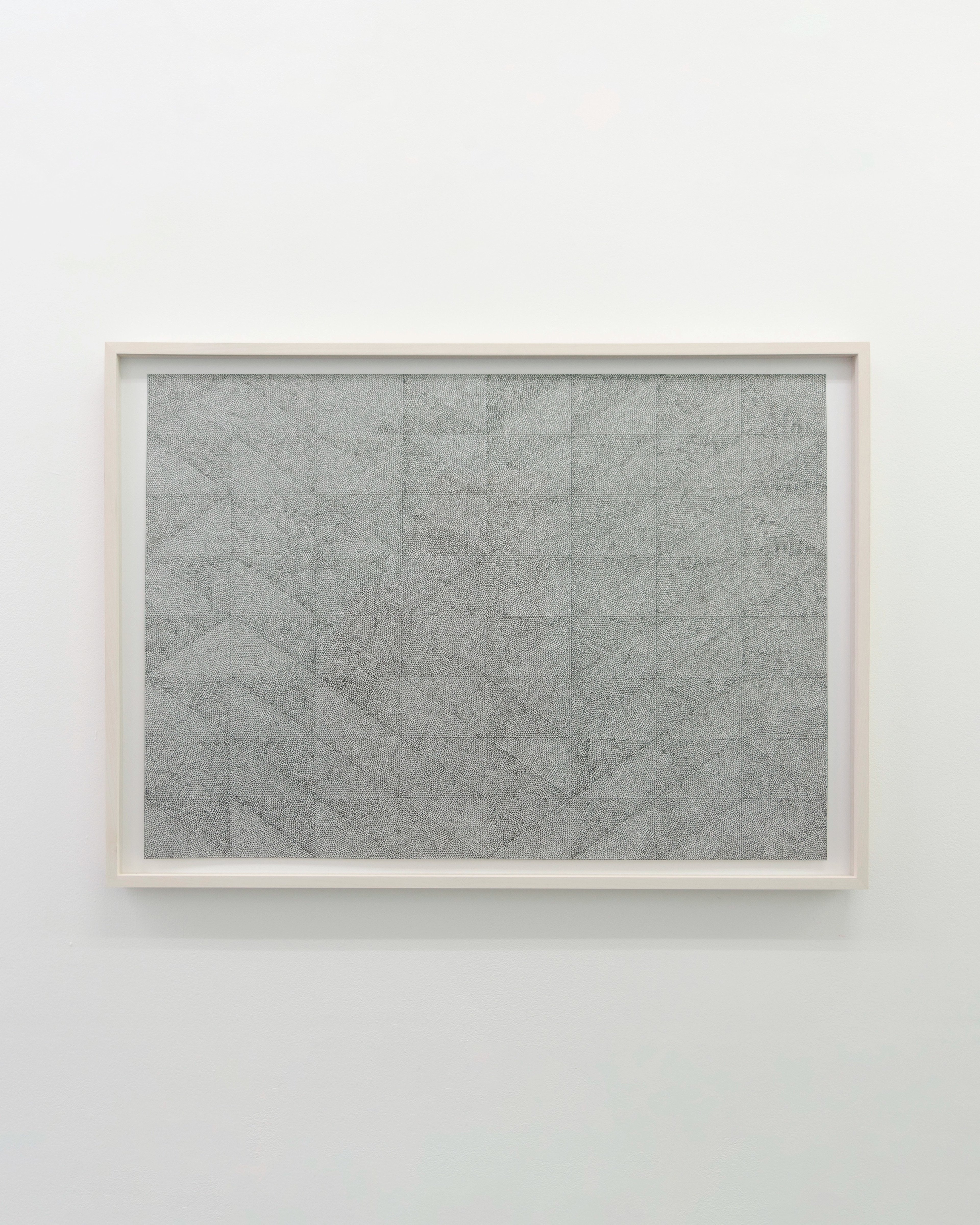Framed ink drawing on paper with geometric grid of pale lines and subtle angular forms creating a sense of depth and movement across a grey-toned surface