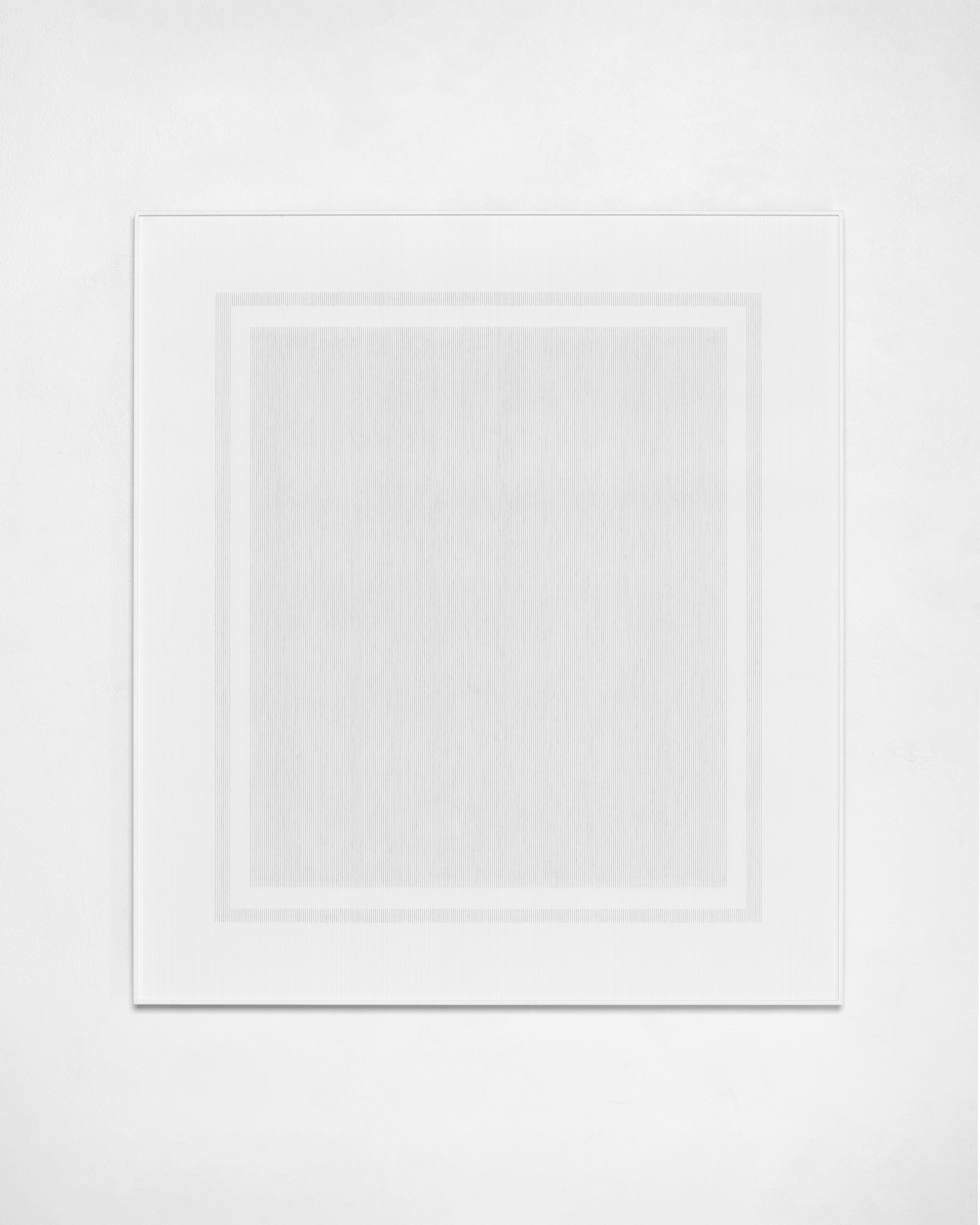 Concentric rectangular frames composed of fine white thread and acrylic paint on aluminum panel, creating subtle linear patterns and nested borders