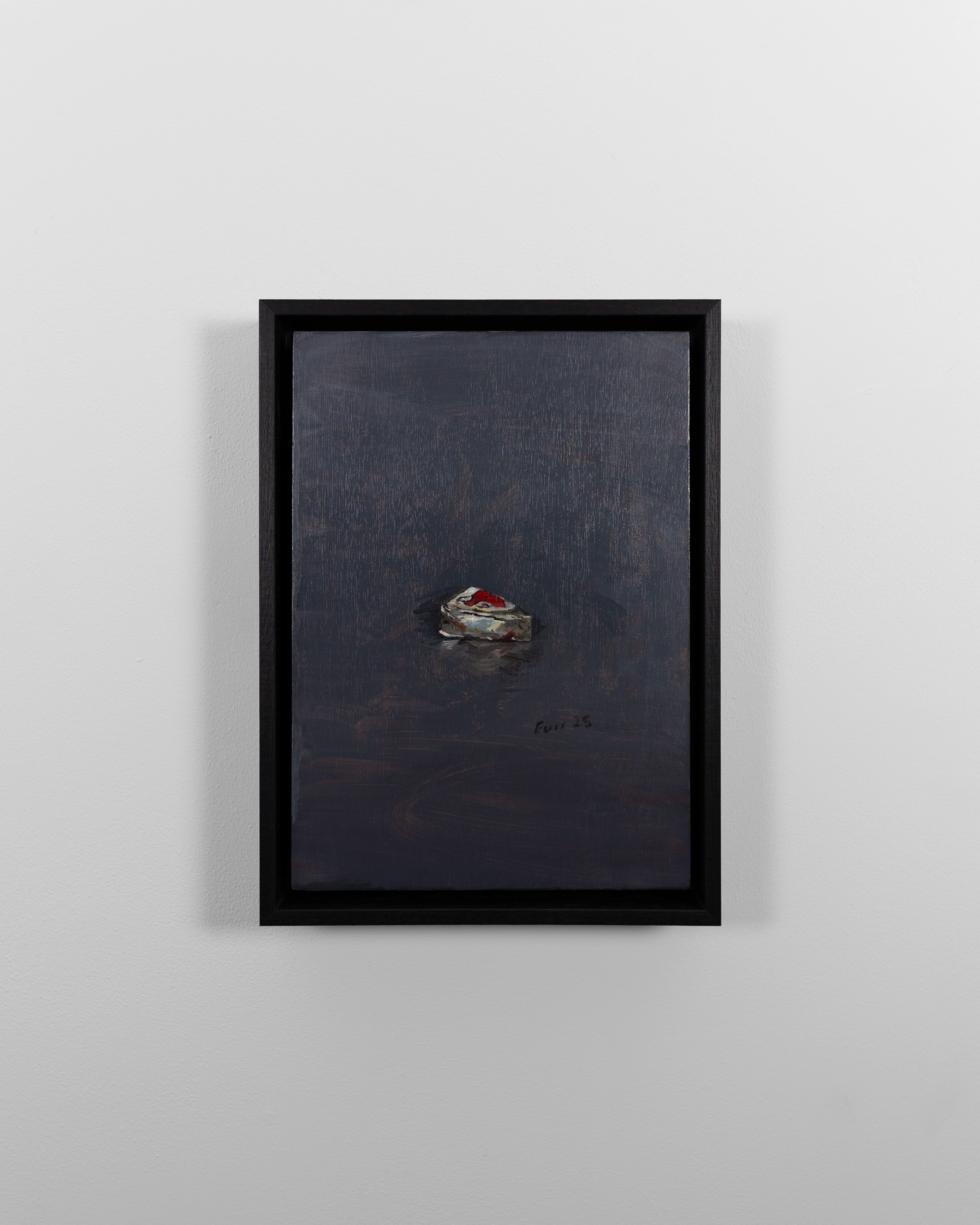 Oil painting on gessoed panel depicting a small silvery object with red accents floating against a dark textured background, framed in black