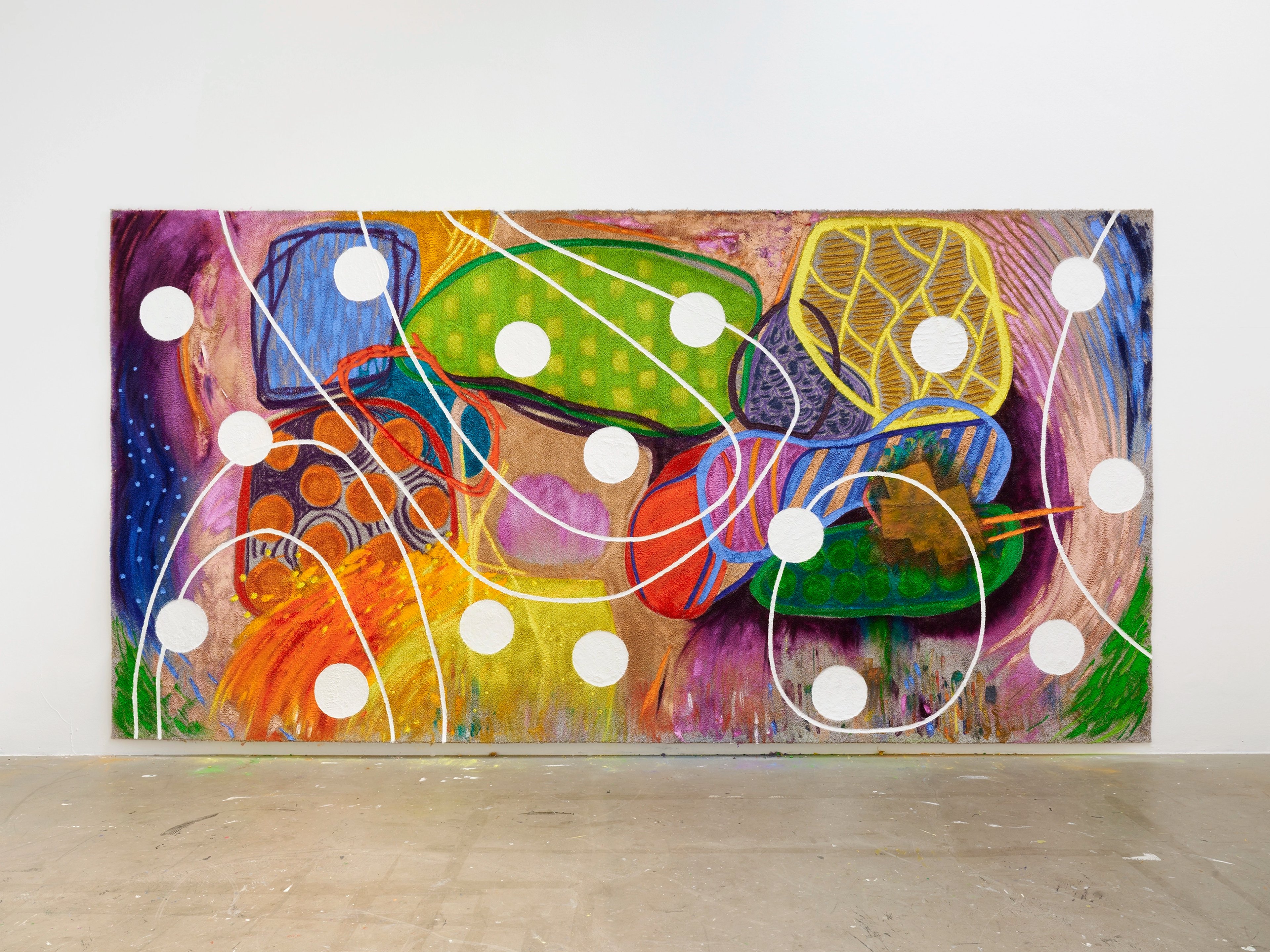 Large-scale mixed-media work combining vibrant oil painting with white circular elements and interconnecting neon-coloured lines overlaying patterned carpet…