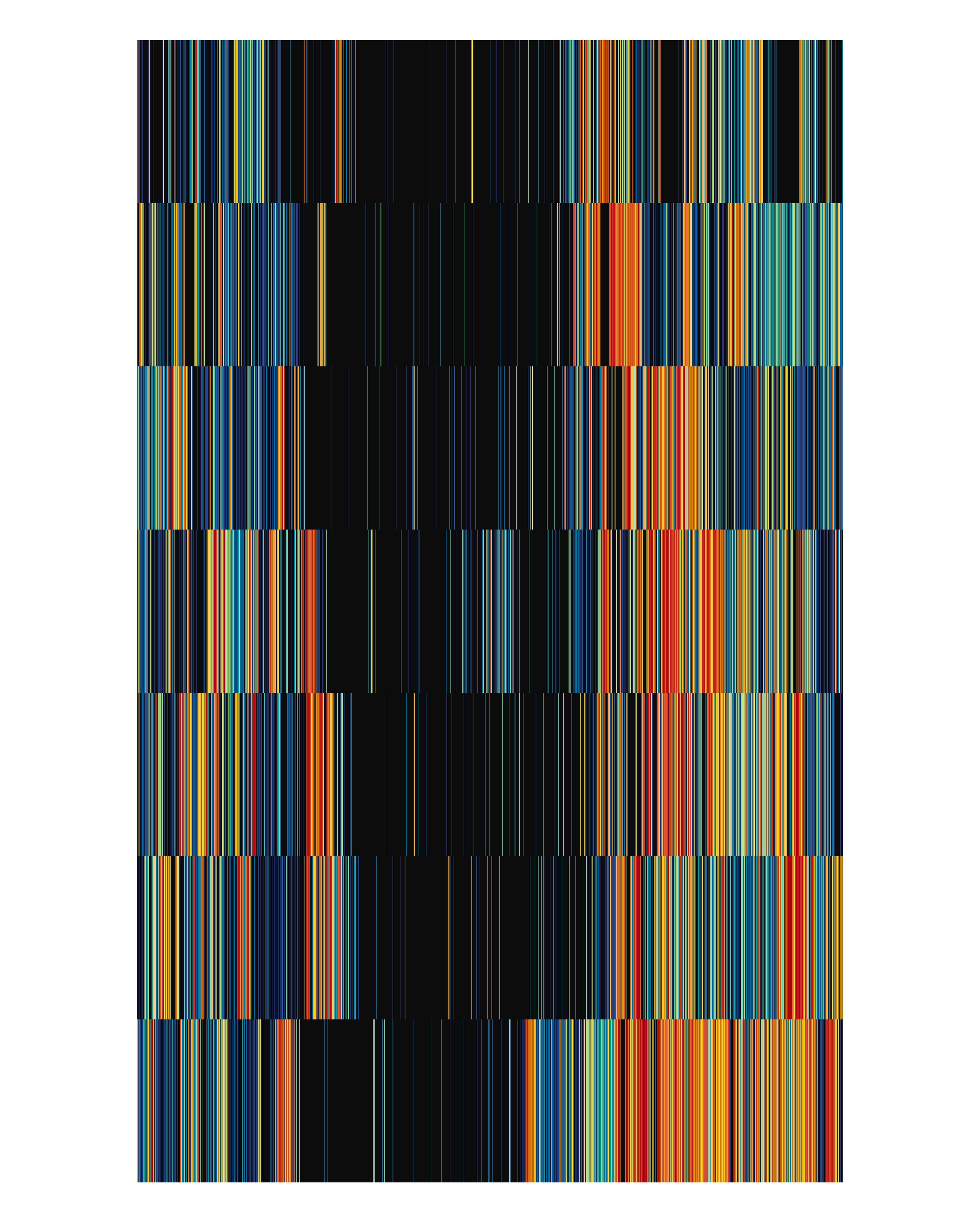 Vertical striped composition of thin multicoloured lines—blue, orange, yellow, and teal—arranged in horizontal bands against black, creating a rhythmic, data…