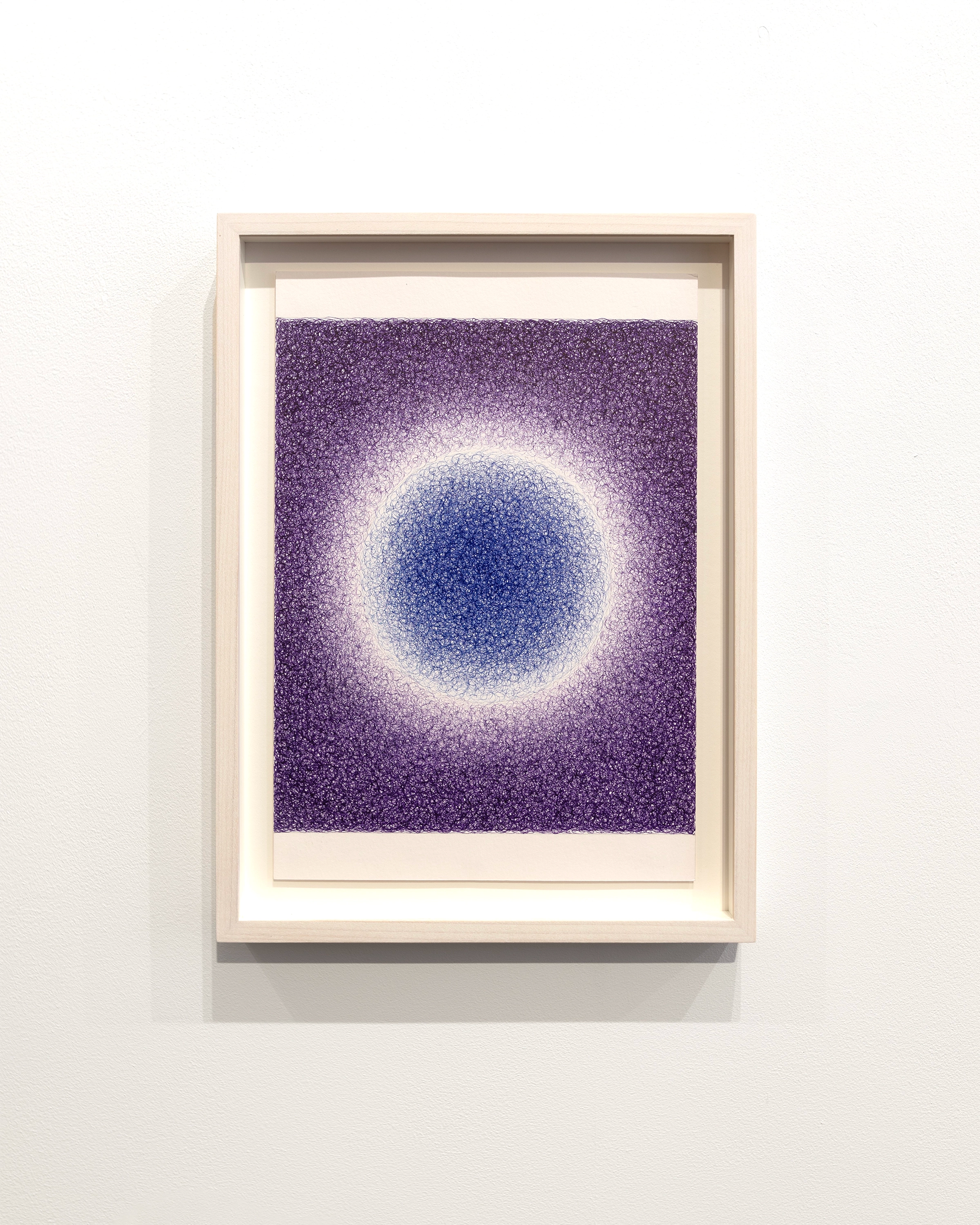 Framed print with a deep purple background radiating outward from a luminous blue-white circular form at center, created with pigmented ink on paper.