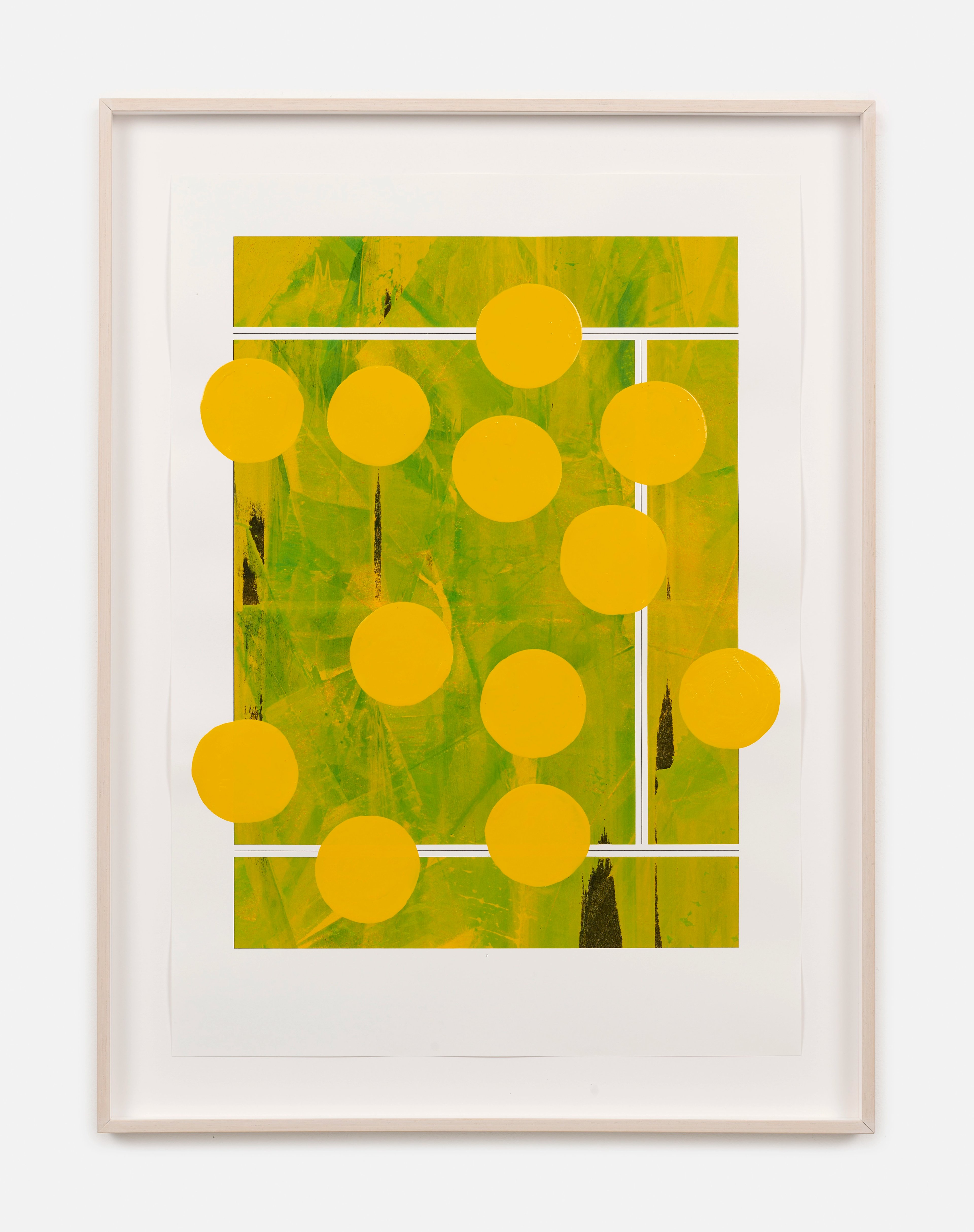 Green and yellow abstract composition with bright yellow circles overlaid on textured green background, intersected by white horizontal and vertical lines, f…