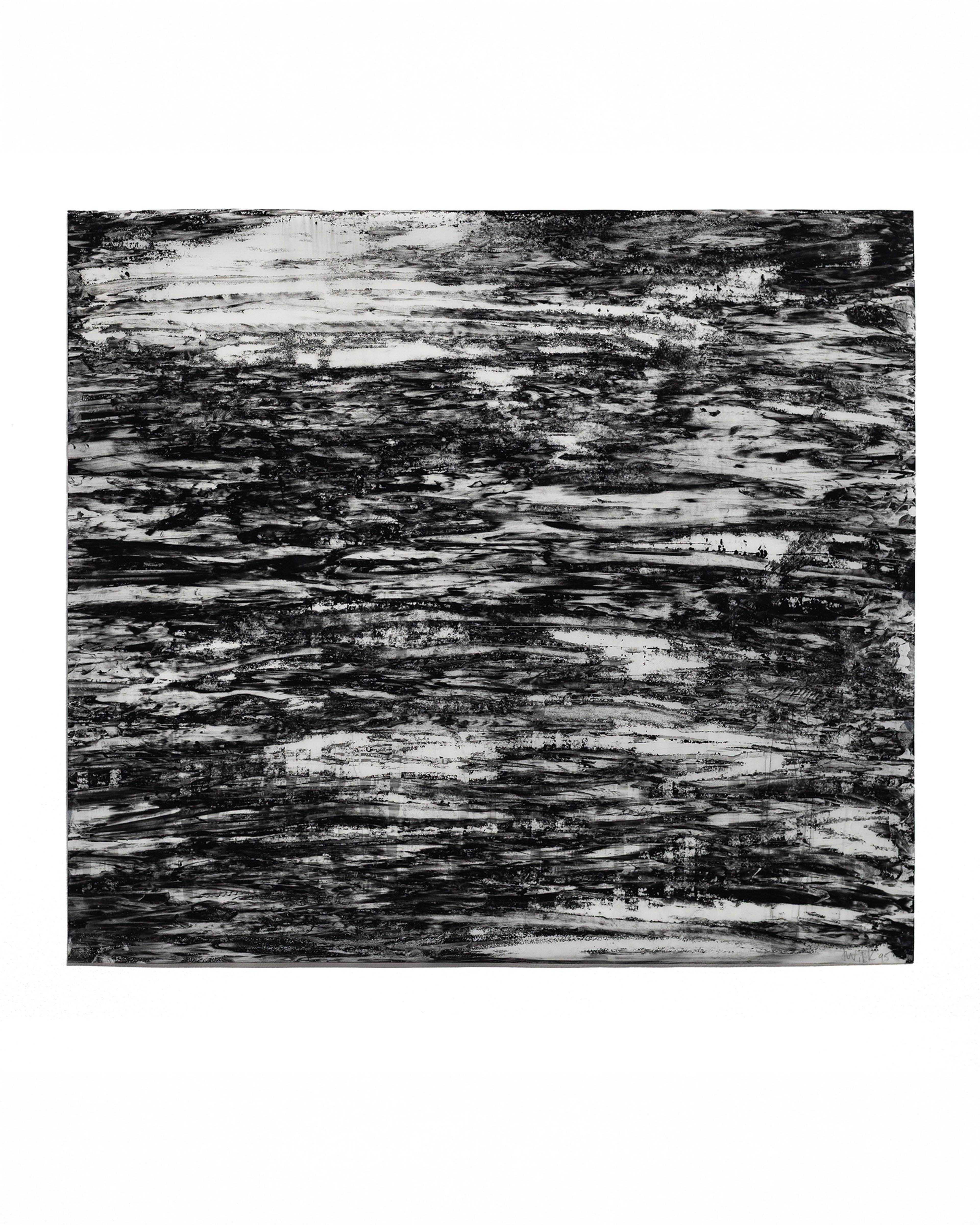 Black and white watercolour on film depicting a small boat amid turbulent horizontal brushstrokes suggesting roiling water or stormy conditions