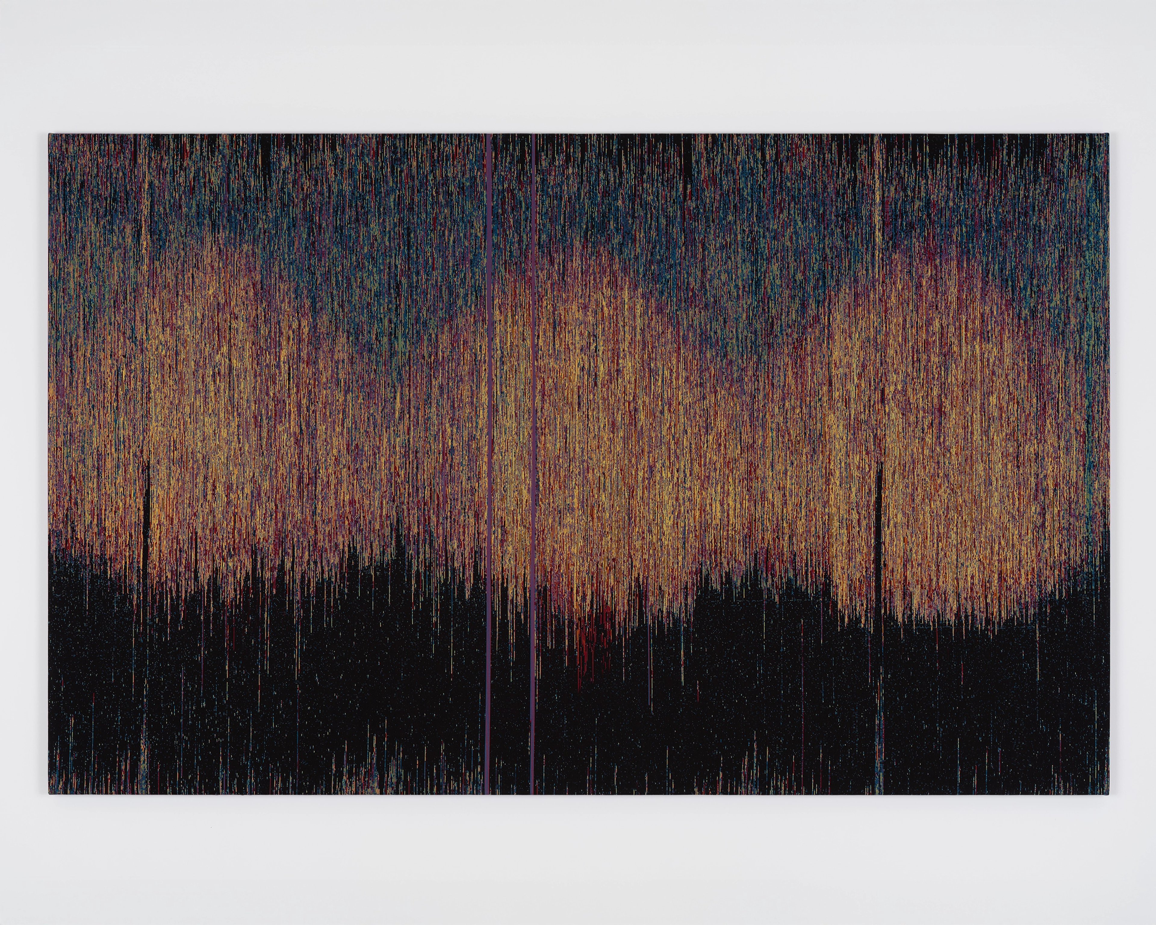 Jacquard tapestry with dense vertical threads transitioning from dark teal and black at top through warm ochre and rust tones to black at bottom, creating an…