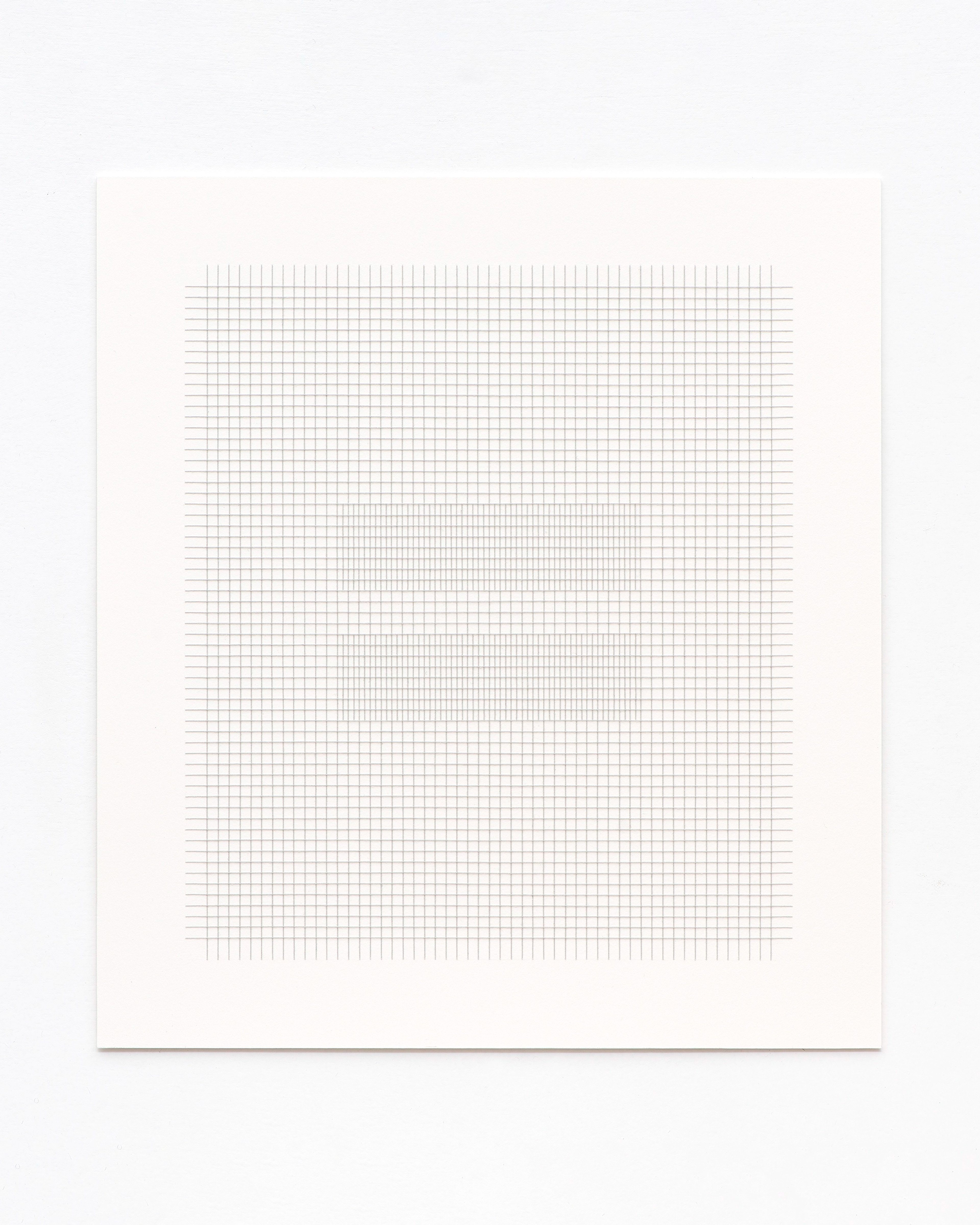 Fine grey thread and varnish compose a dense grid pattern across cream paper, creating a minimalist geometric composition with subtle variations in line weig…