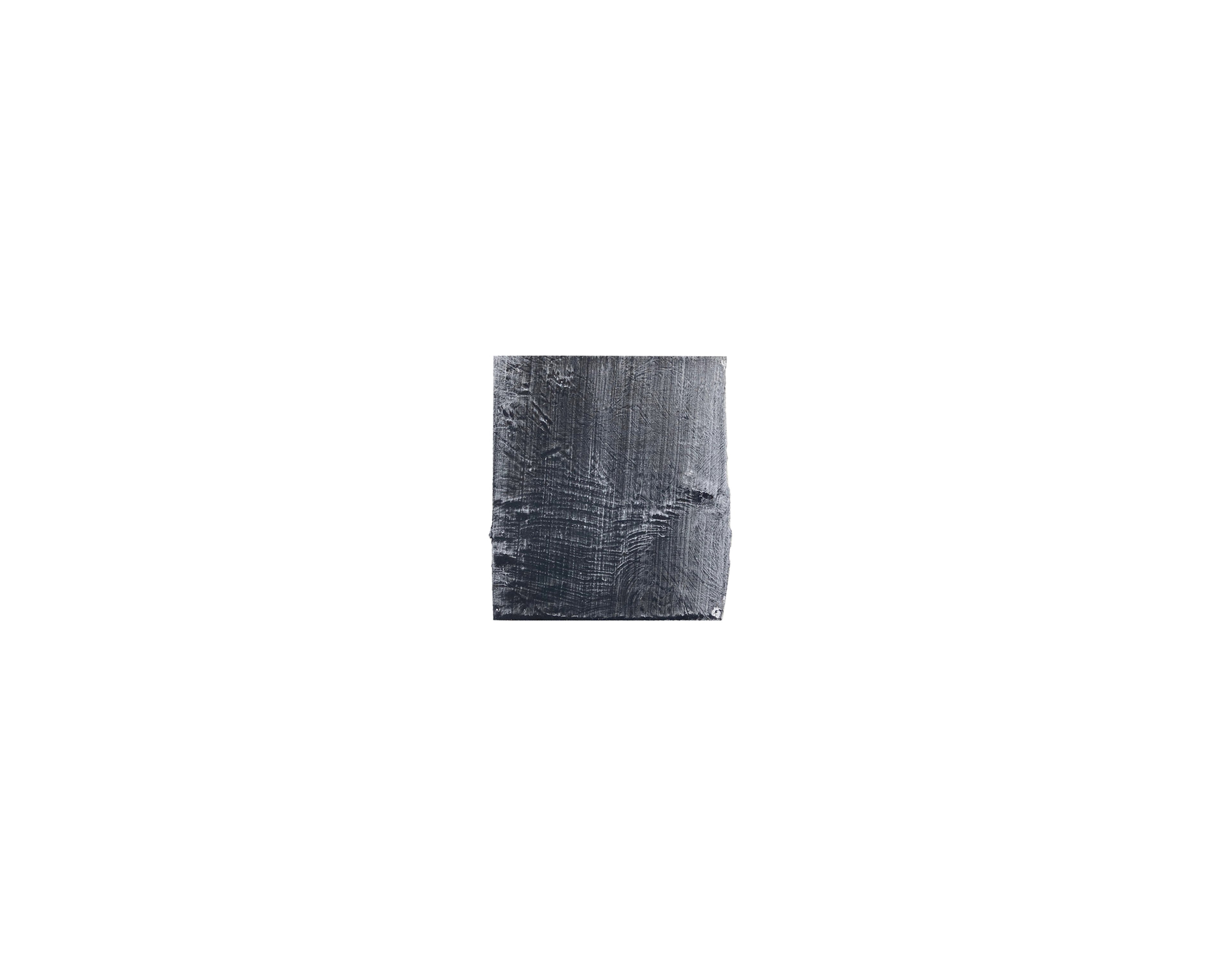 Dark grey watercolour on white paper with gestural brushstrokes creating layered, textured abstract forms in a small square composition