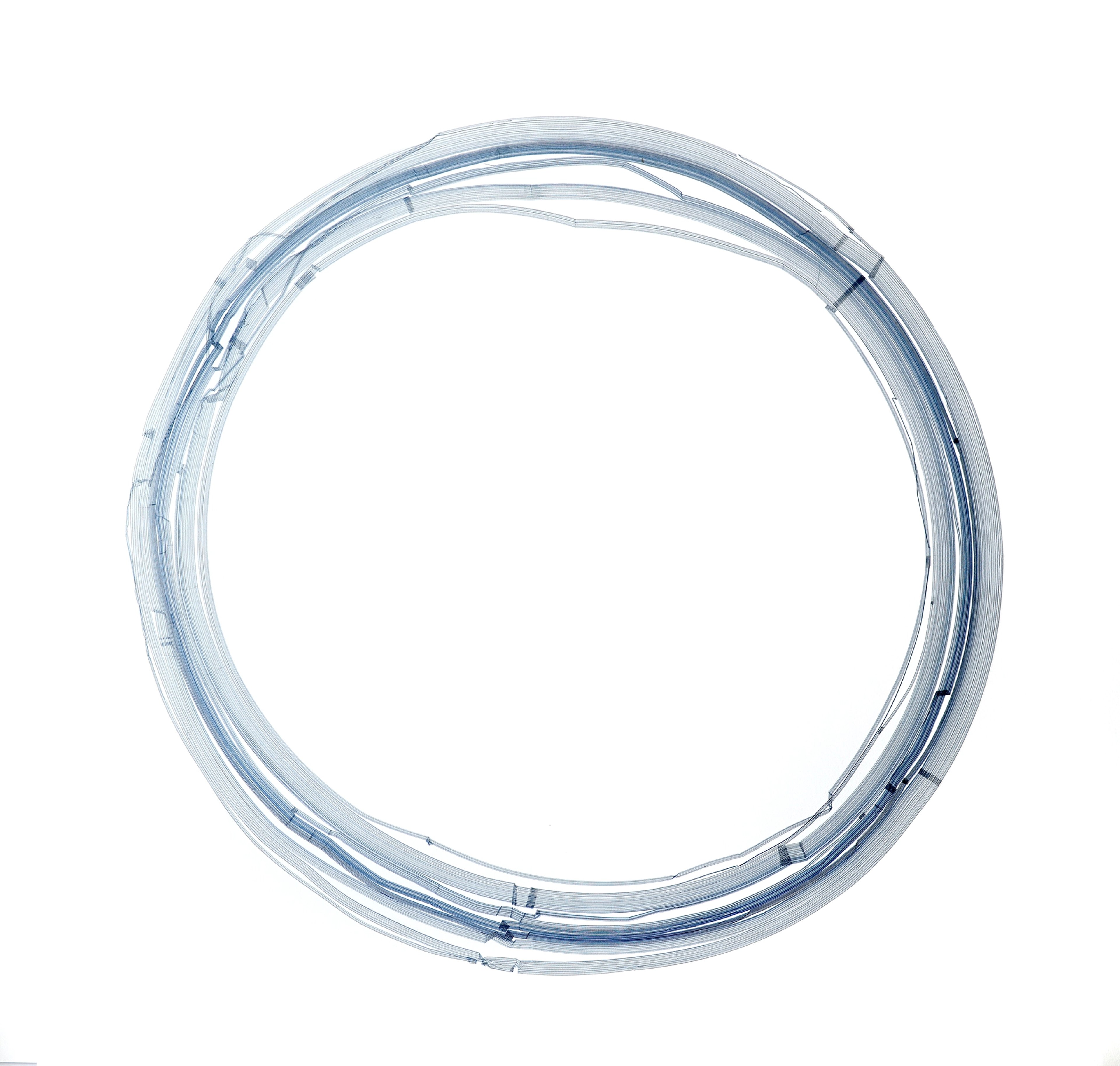Translucent pale blue concentric circular lines forming a ring against white background, with subtle gradations and layered strokes creating depth