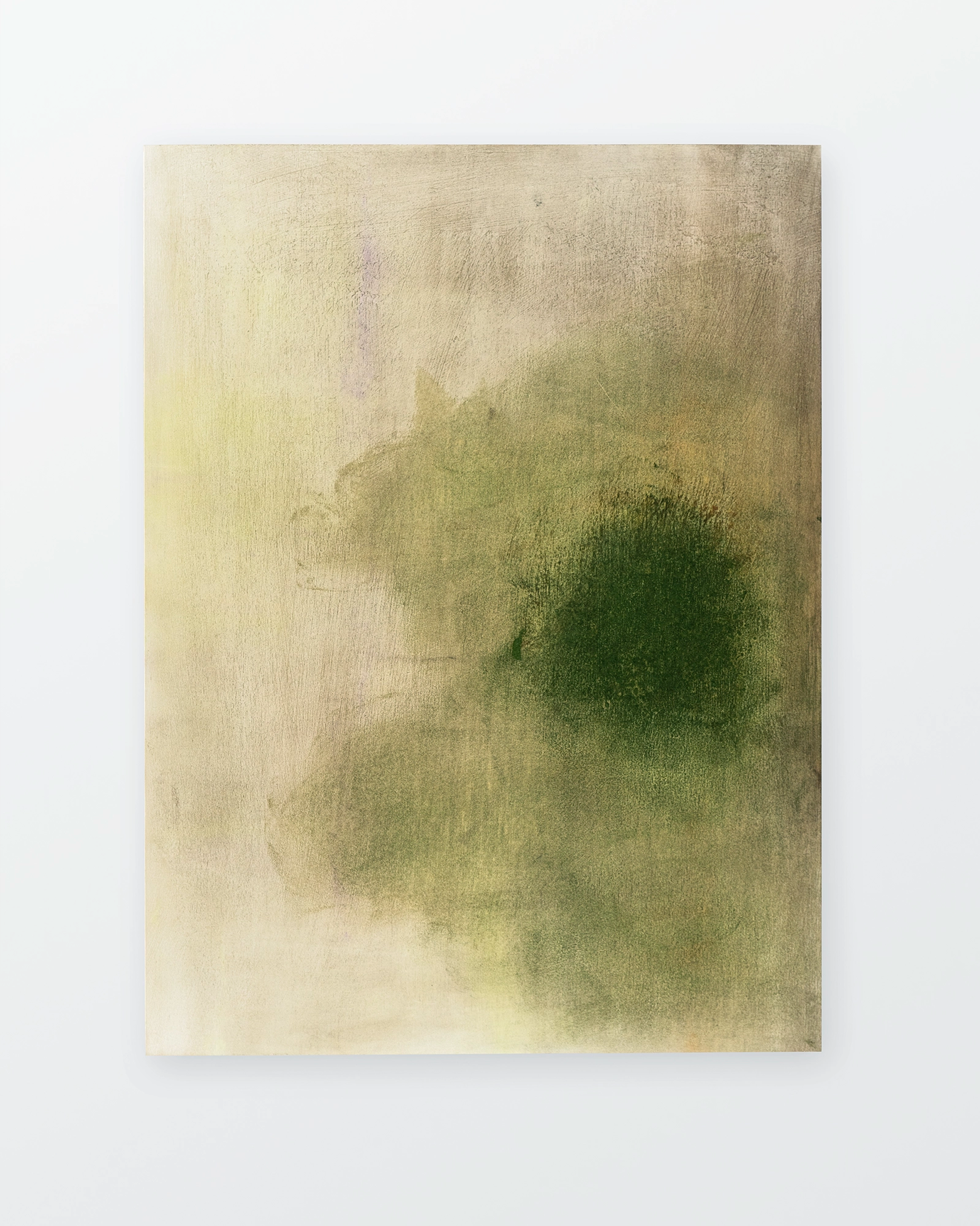 Soft pastel on wood panel transitioning from pale cream to muted green and deep olive tones, with gestural marks suggesting an abstract landscape or atmosphe…
