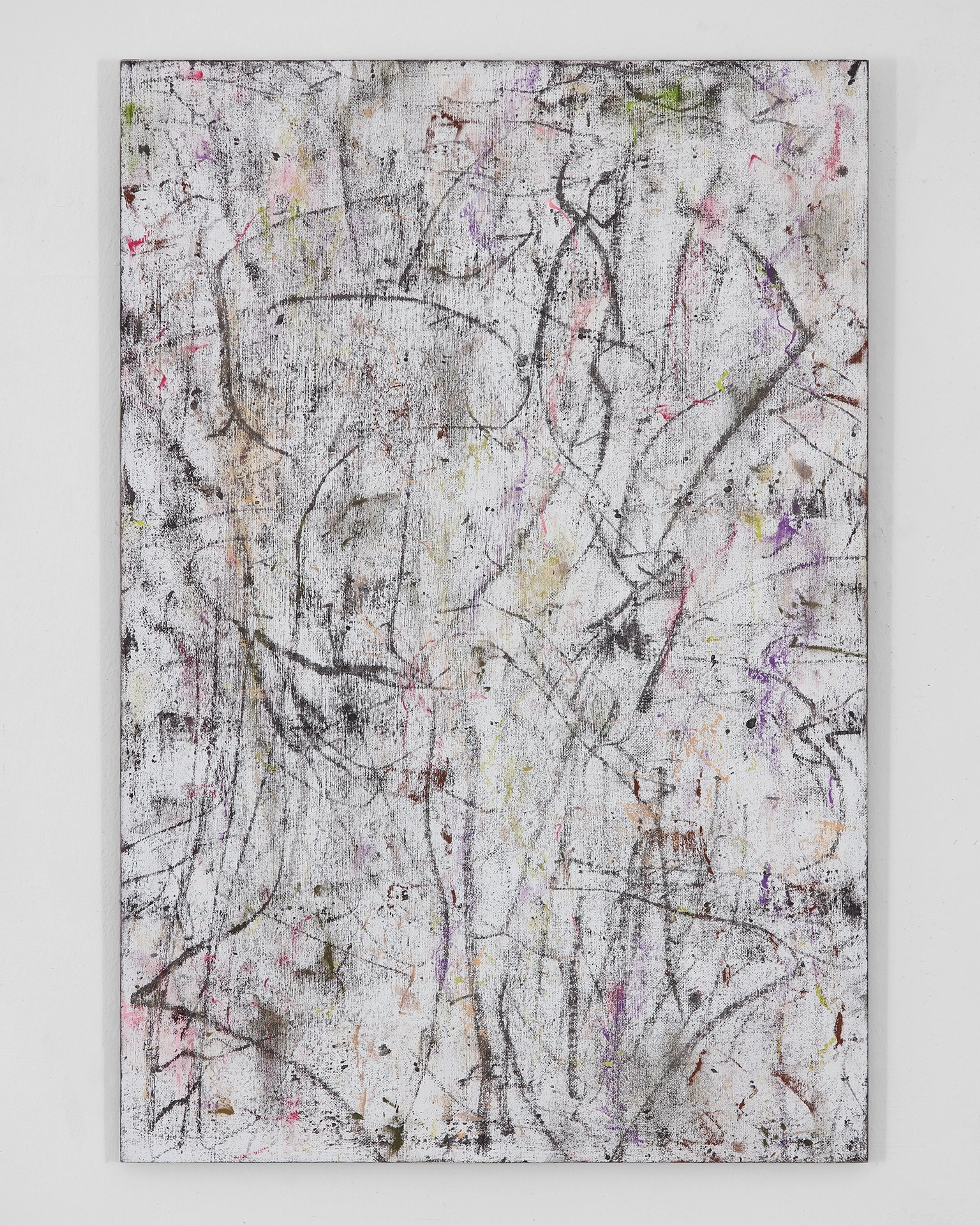Abstract composition on aluminium with gestural black lines and scattered marks in pink, purple, yellow, and brown across a white textured ground.
