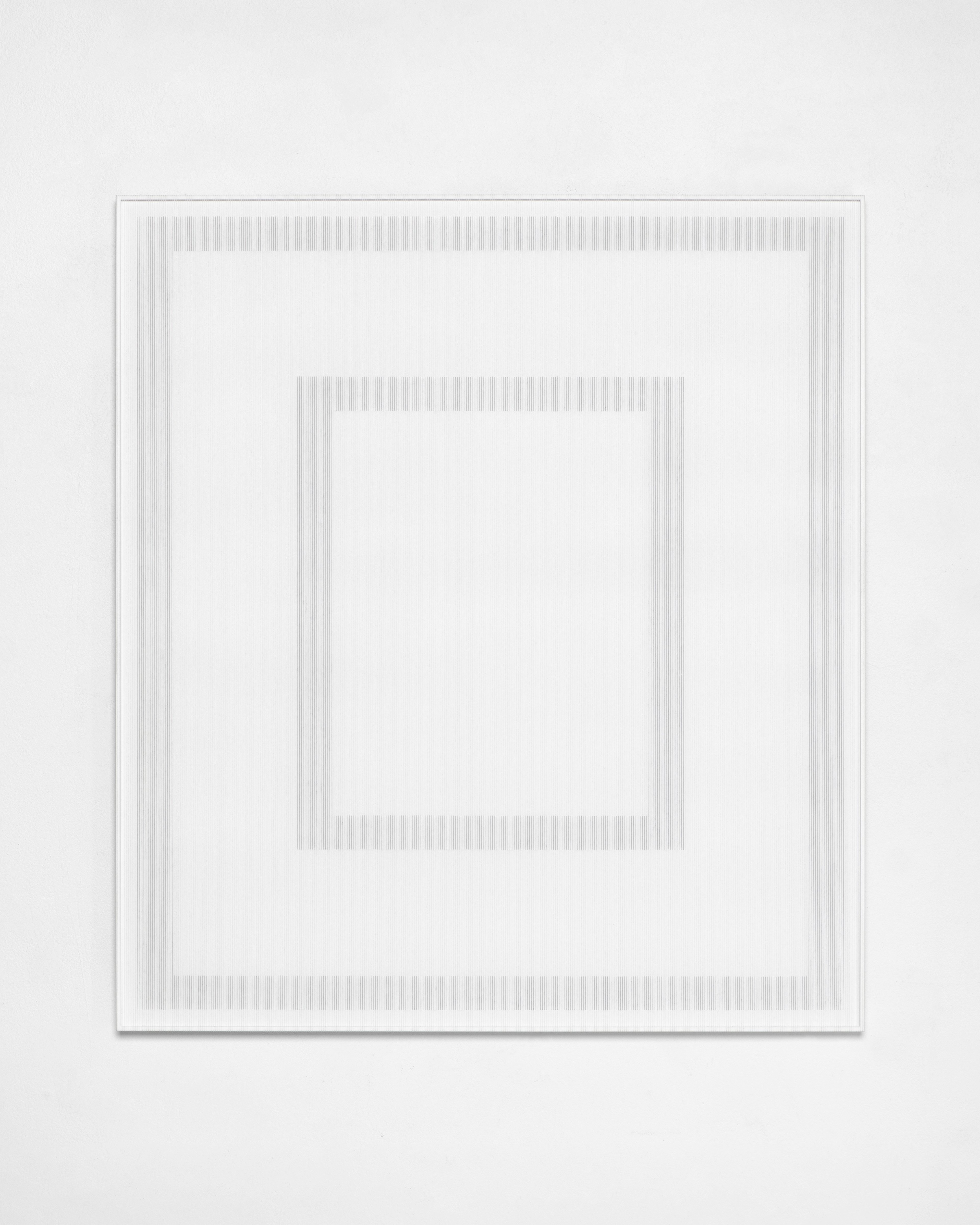 Fine vertical threads form concentric squares in grayscale, creating an optical illusion of depth on a white acrylic and aluminum panel